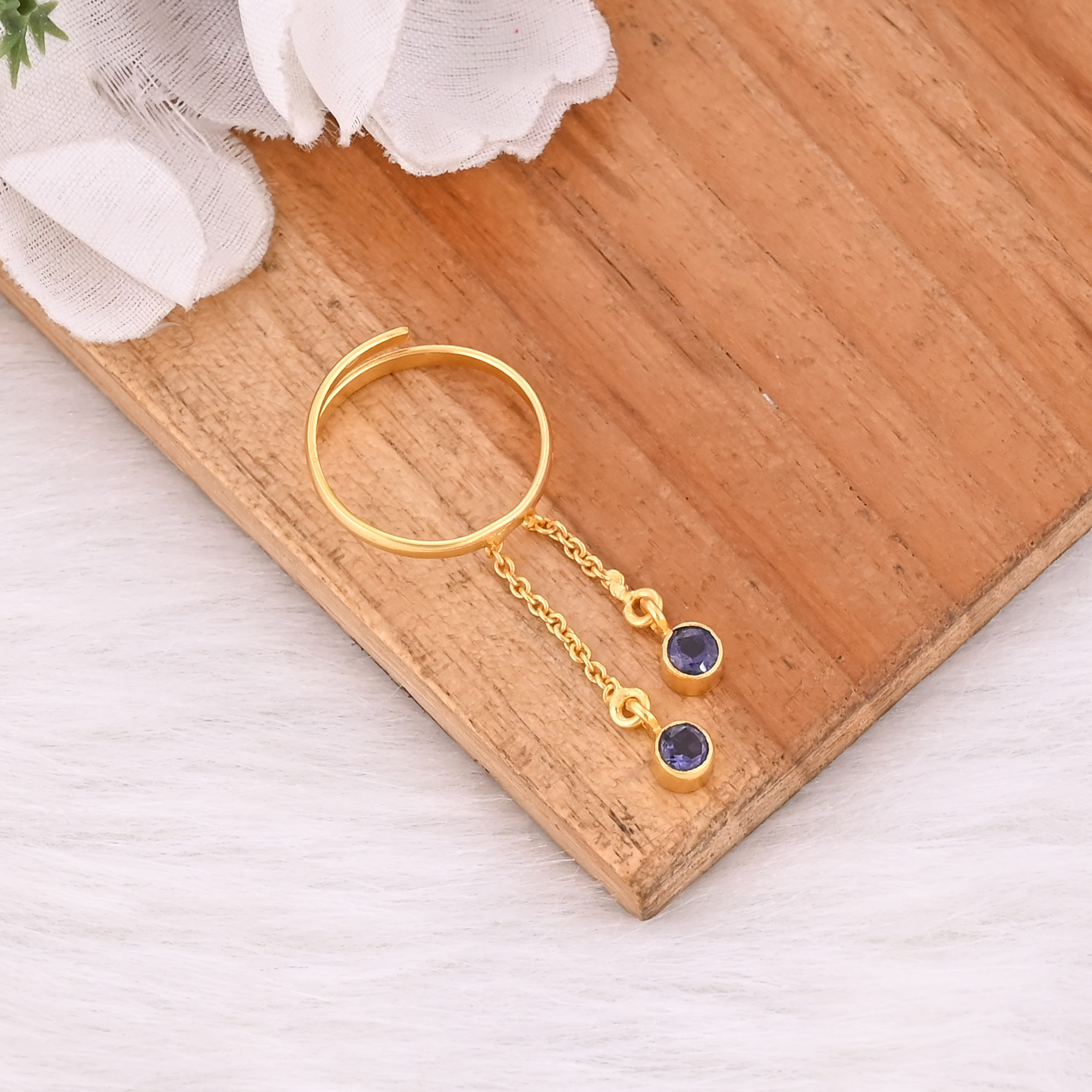 Natural Iolite Gemstone 925 Sterling Silver Yellow Gold Plated Handmade Link Chain Adjustable Ring Unique Jewelry