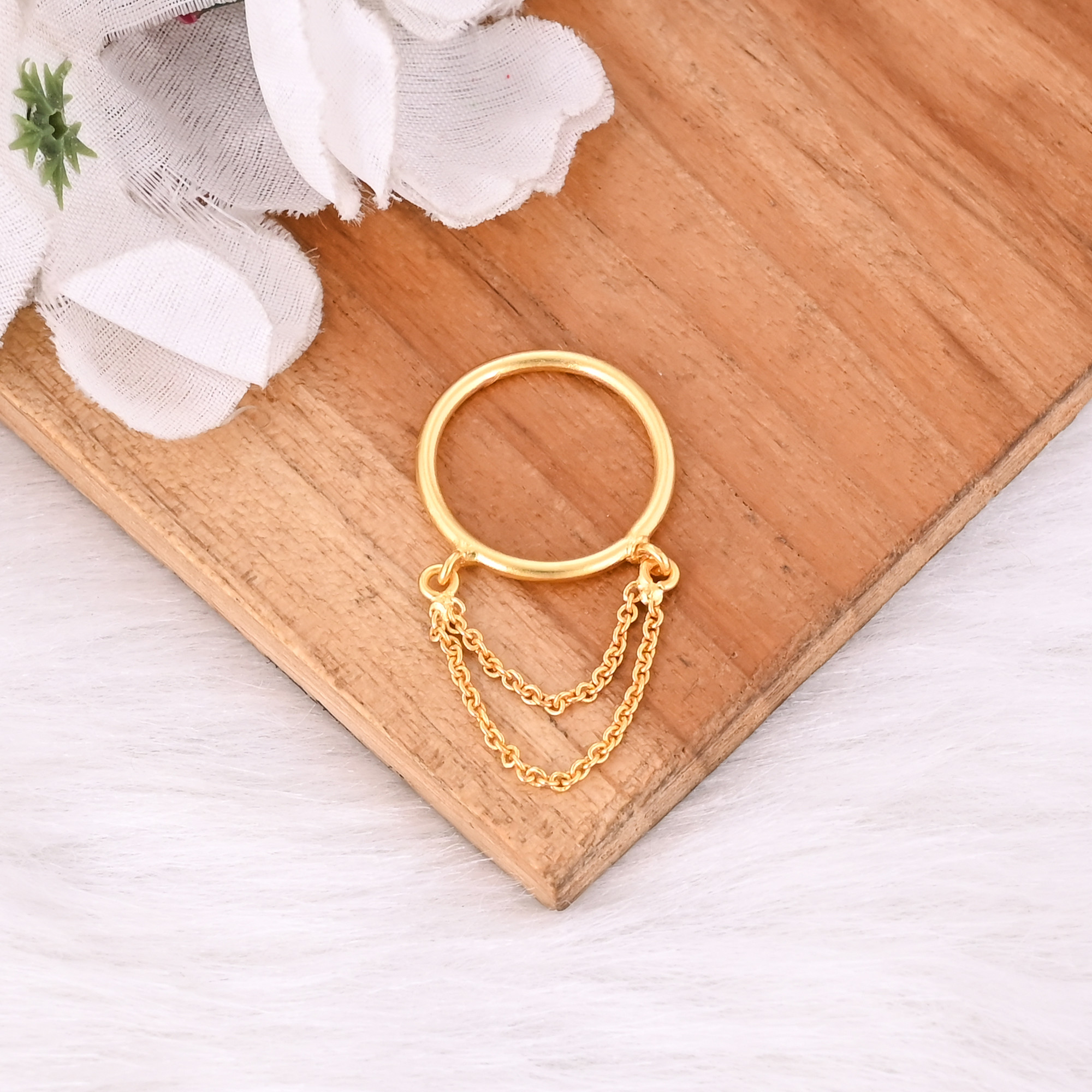Solid 925 Sterling Silver Plain Silver Band Yellow Gold Plated Handmade Stacking Ring Link Chain Ring