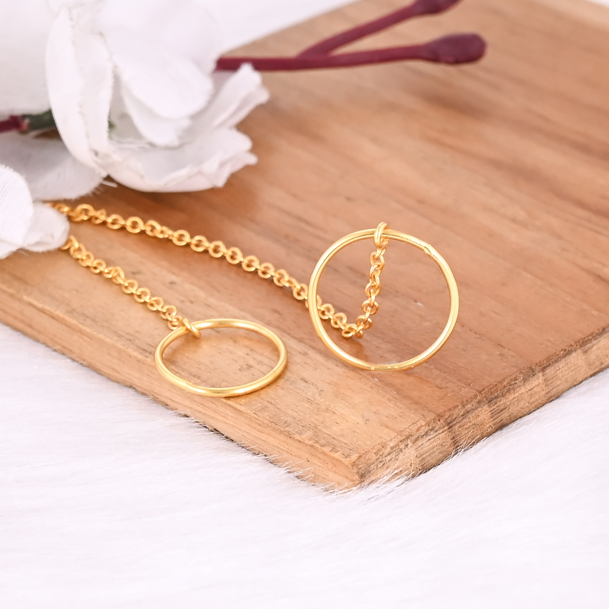 Solid 925 Sterling Silver Plain Silver Band Yellow Gold Plated Handmade Stackable Two Ring Link Chain Ring