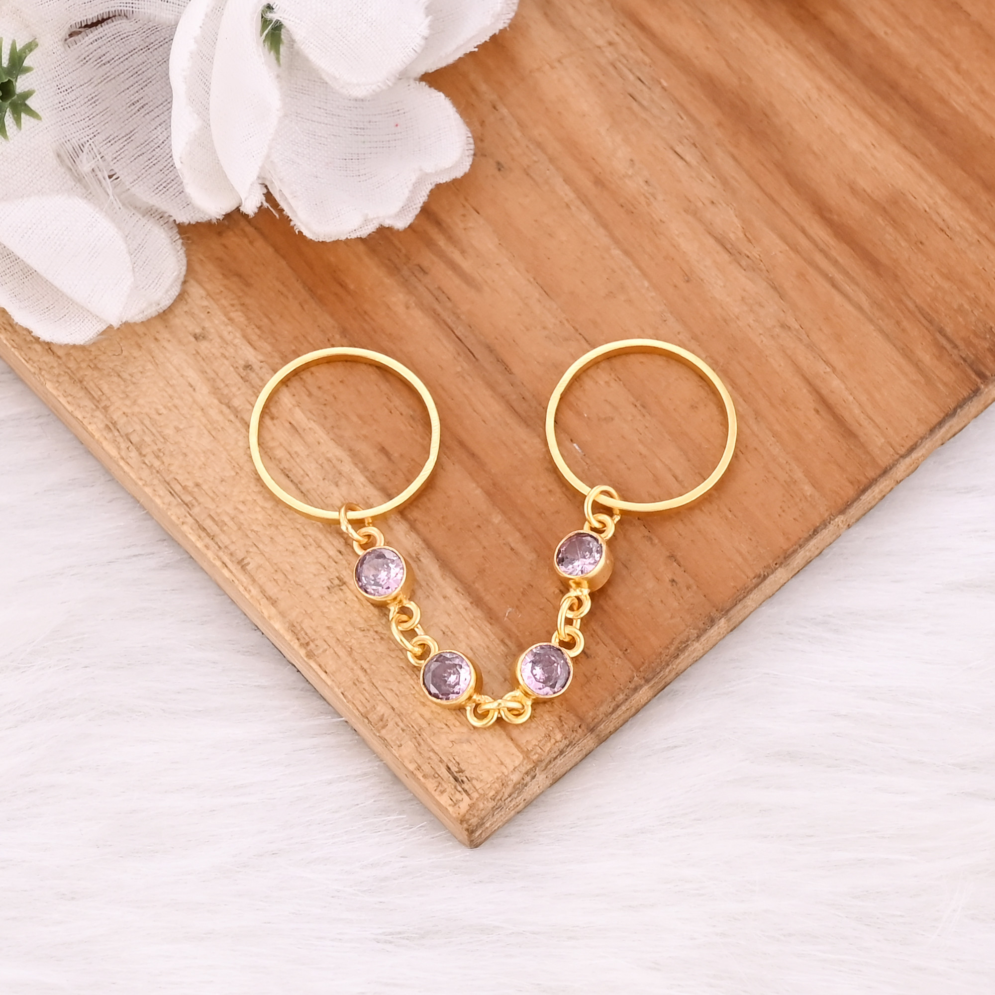 Pink Cz 925 Sterling Silver Yellow Gold Plated Handmade Link Chain Two Ring Adjustable Minimal Ring