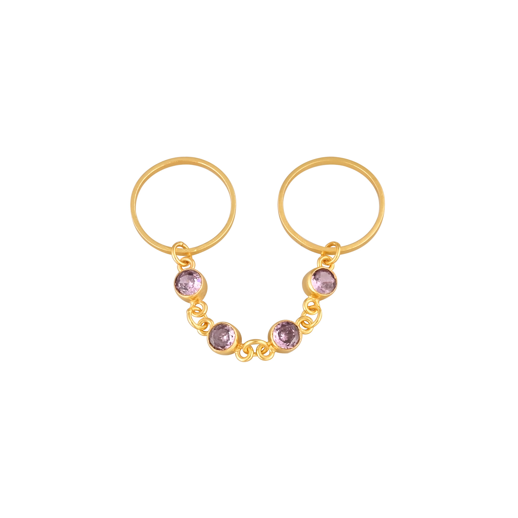 Pink Cz 925 Sterling Silver Yellow Gold Plated Handmade Link Chain Two Ring Adjustable Minimal Ring