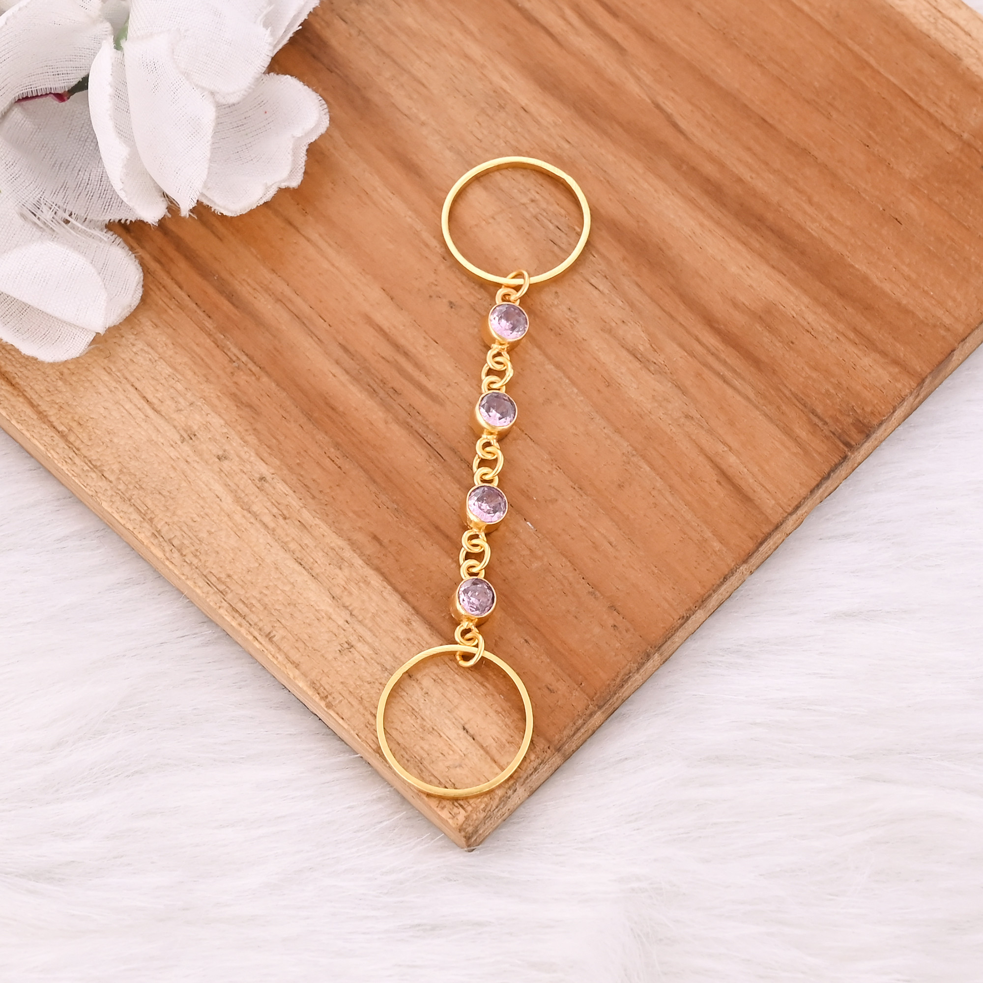 Pink Cz 925 Sterling Silver Yellow Gold Plated Handmade Link Chain Two Ring Adjustable Minimal Ring