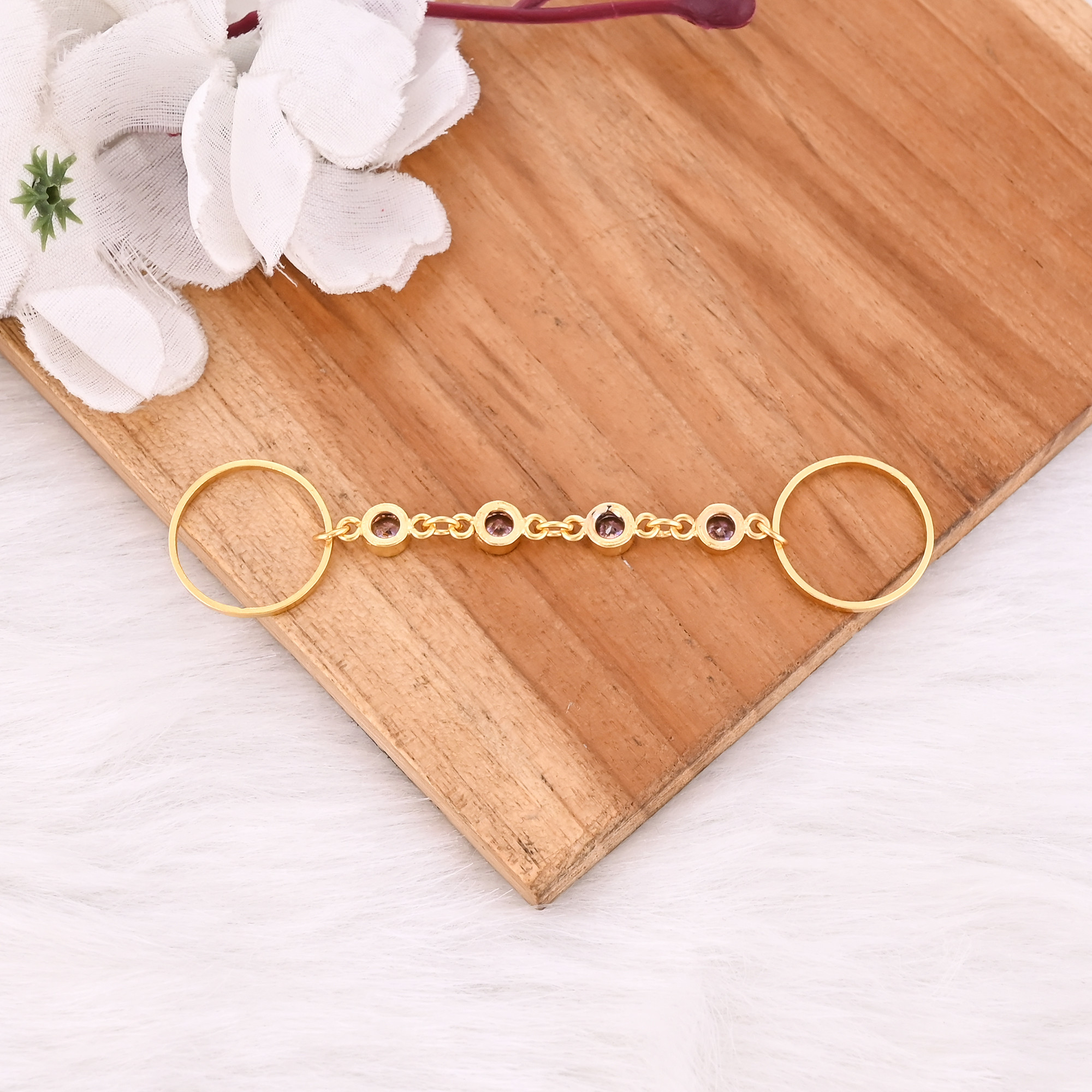 Pink Cz 925 Sterling Silver Yellow Gold Plated Handmade Link Chain Two Ring Adjustable Minimal Ring