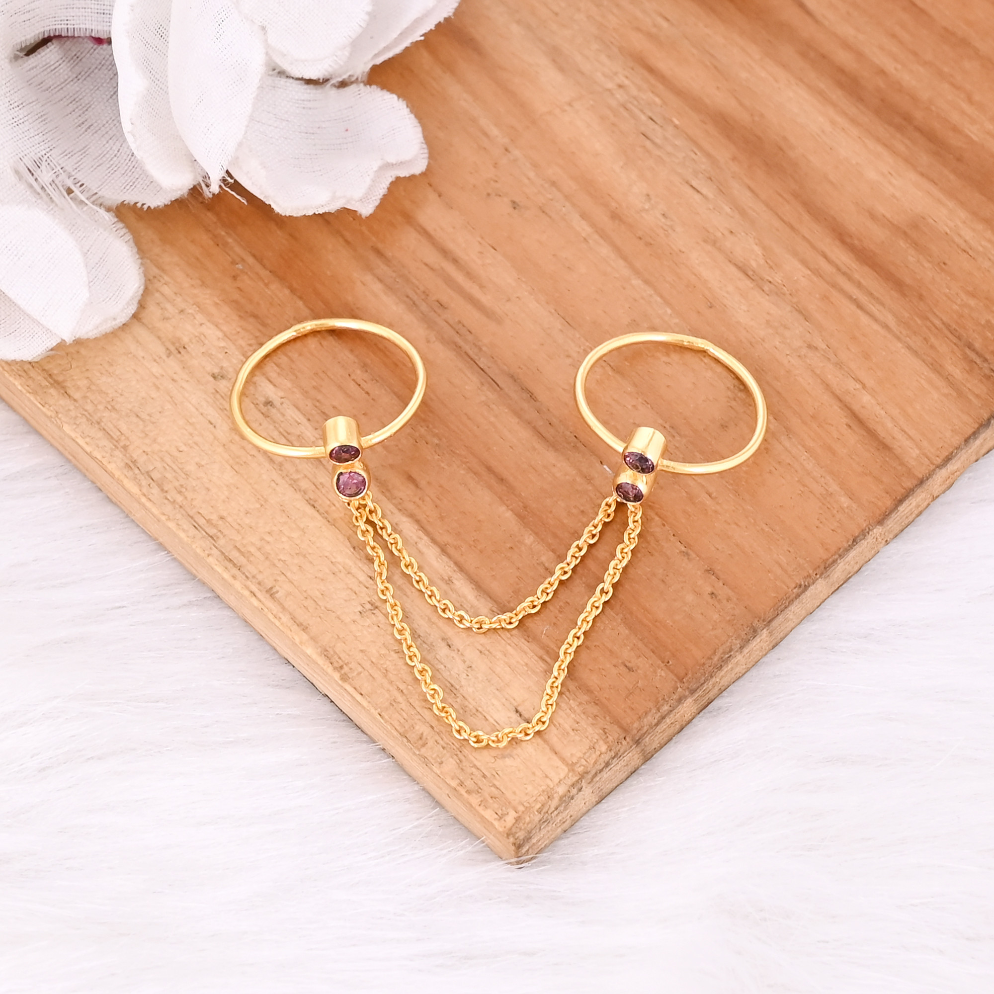 Natural Round Pink Tourmaline Gemstone Solid 925 Sterling Silver Yellow Gold Plated Handmade Link Chain Statement Ring