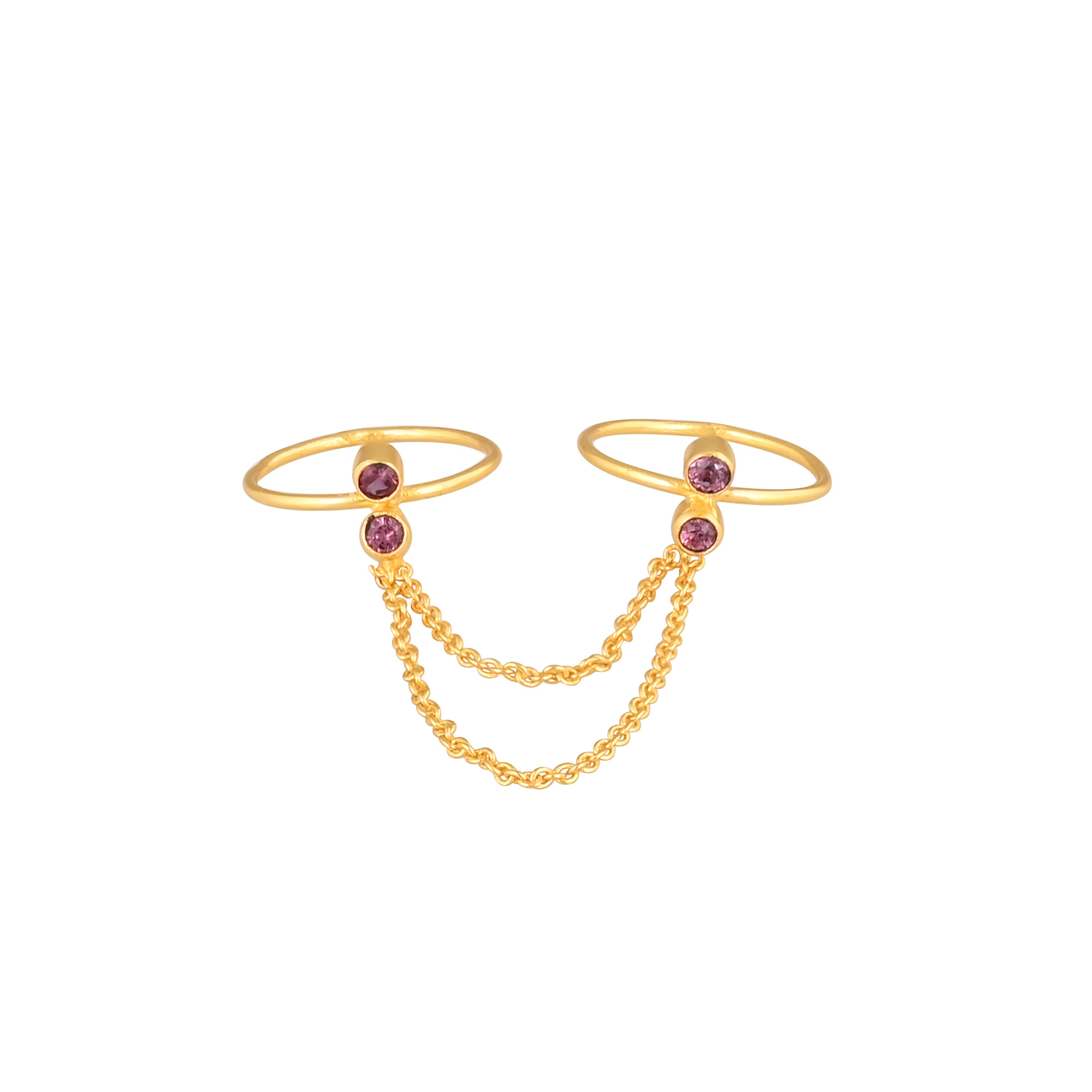 Natural Round Pink Tourmaline Gemstone Solid 925 Sterling Silver Yellow Gold Plated Handmade Link Chain Statement Ring
