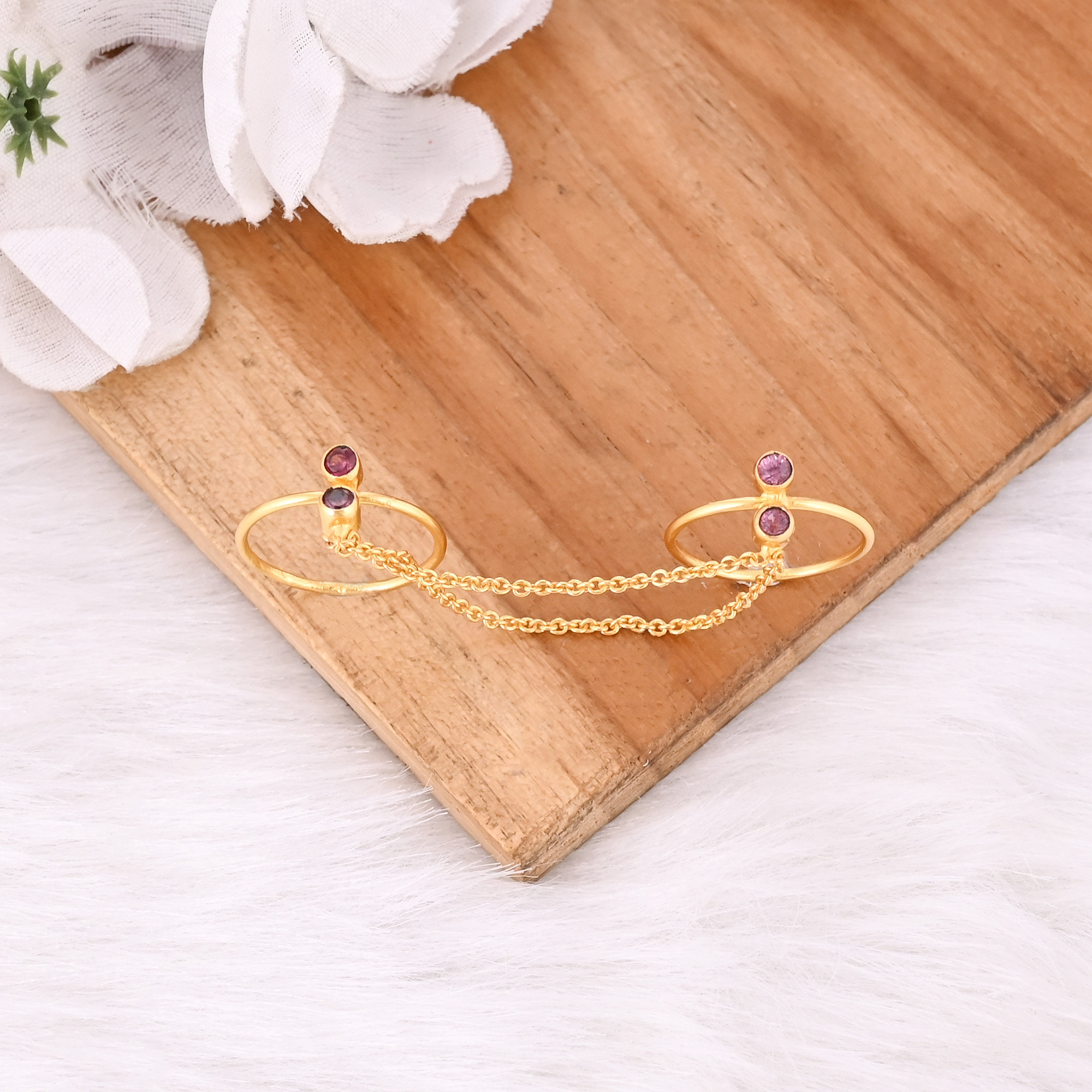 Natural Round Pink Tourmaline Gemstone Solid 925 Sterling Silver Yellow Gold Plated Handmade Link Chain Statement Ring