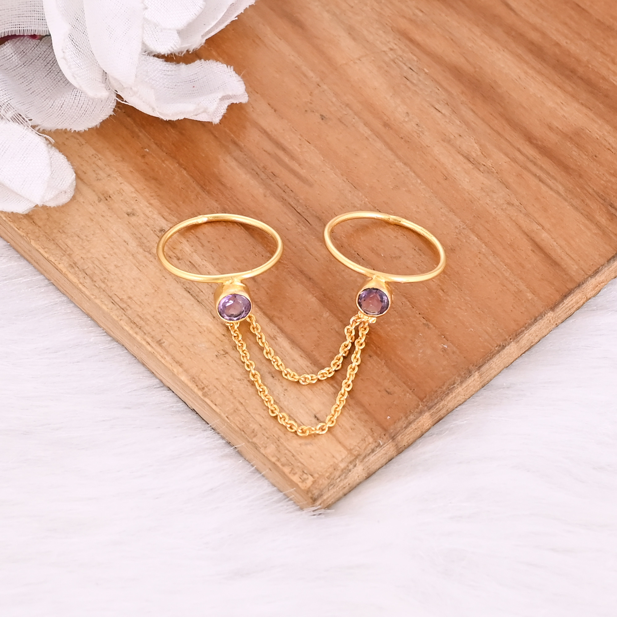 925 Sterling Silver Natural Purple Amethyst Gemstone Yellow Gold Plated Handmade Link Chain Adjustable Ring