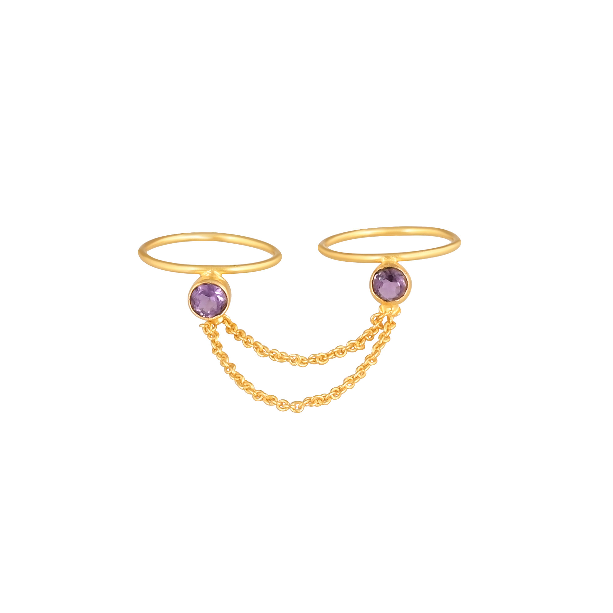 925 Sterling Silver Natural Purple Amethyst Gemstone Yellow Gold Plated Handmade Link Chain Adjustable Ring