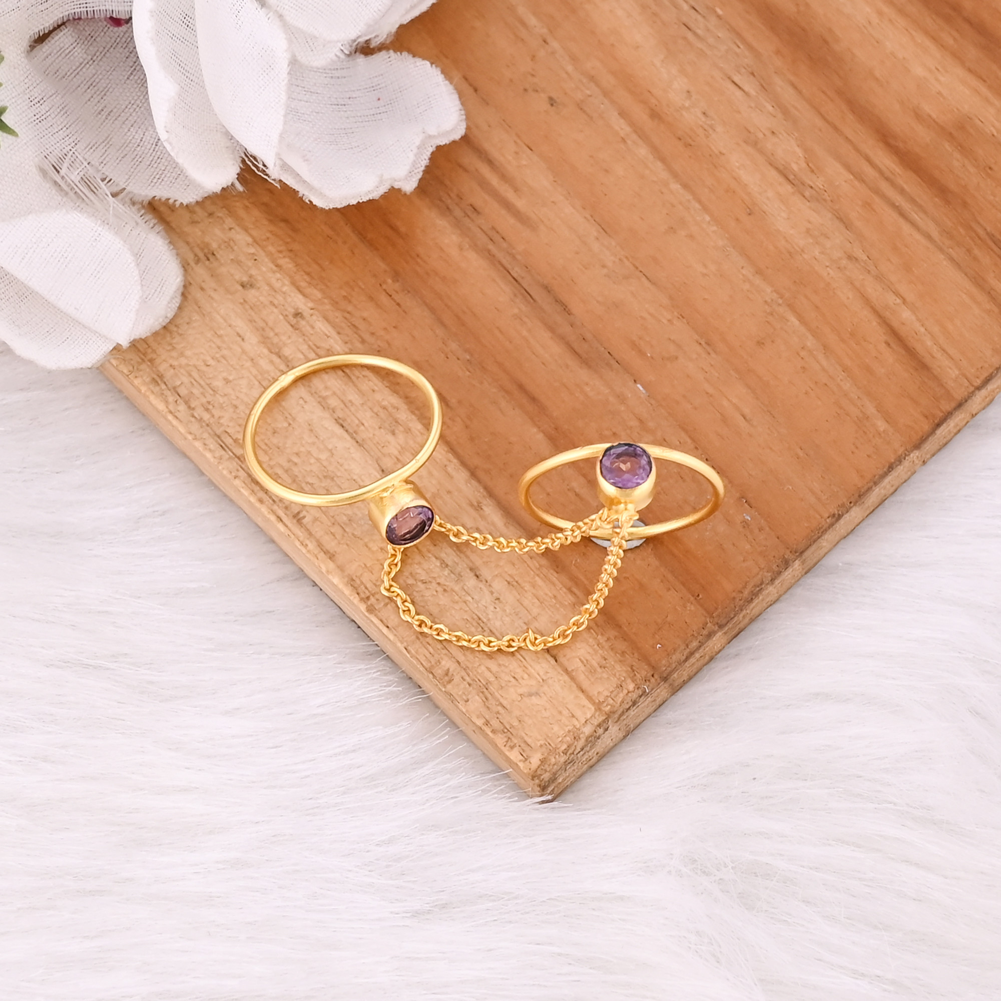 925 Sterling Silver Natural Purple Amethyst Gemstone Yellow Gold Plated Handmade Link Chain Adjustable Ring