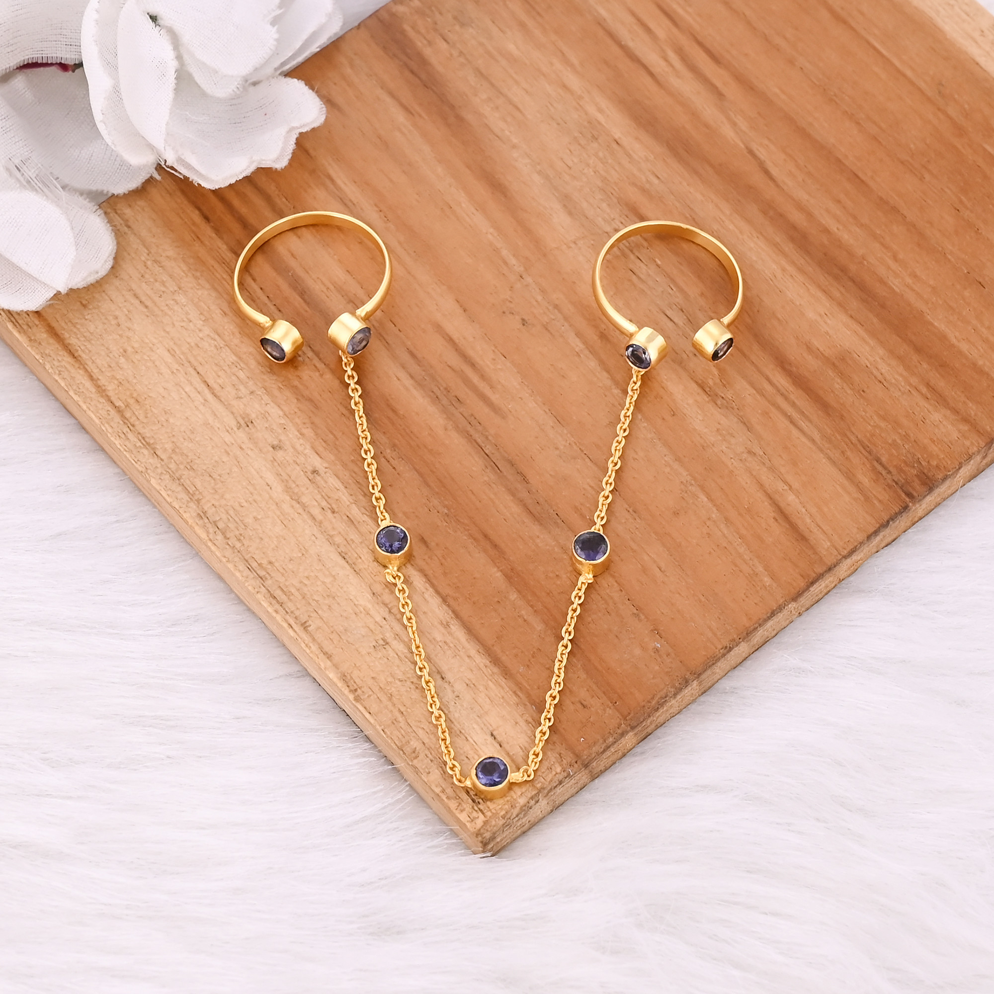 Natural Iolite Gemstone 925 Sterling Silver Yellow Gold Plated Handmade Link Chain Adjustable Ring Women Jewelry