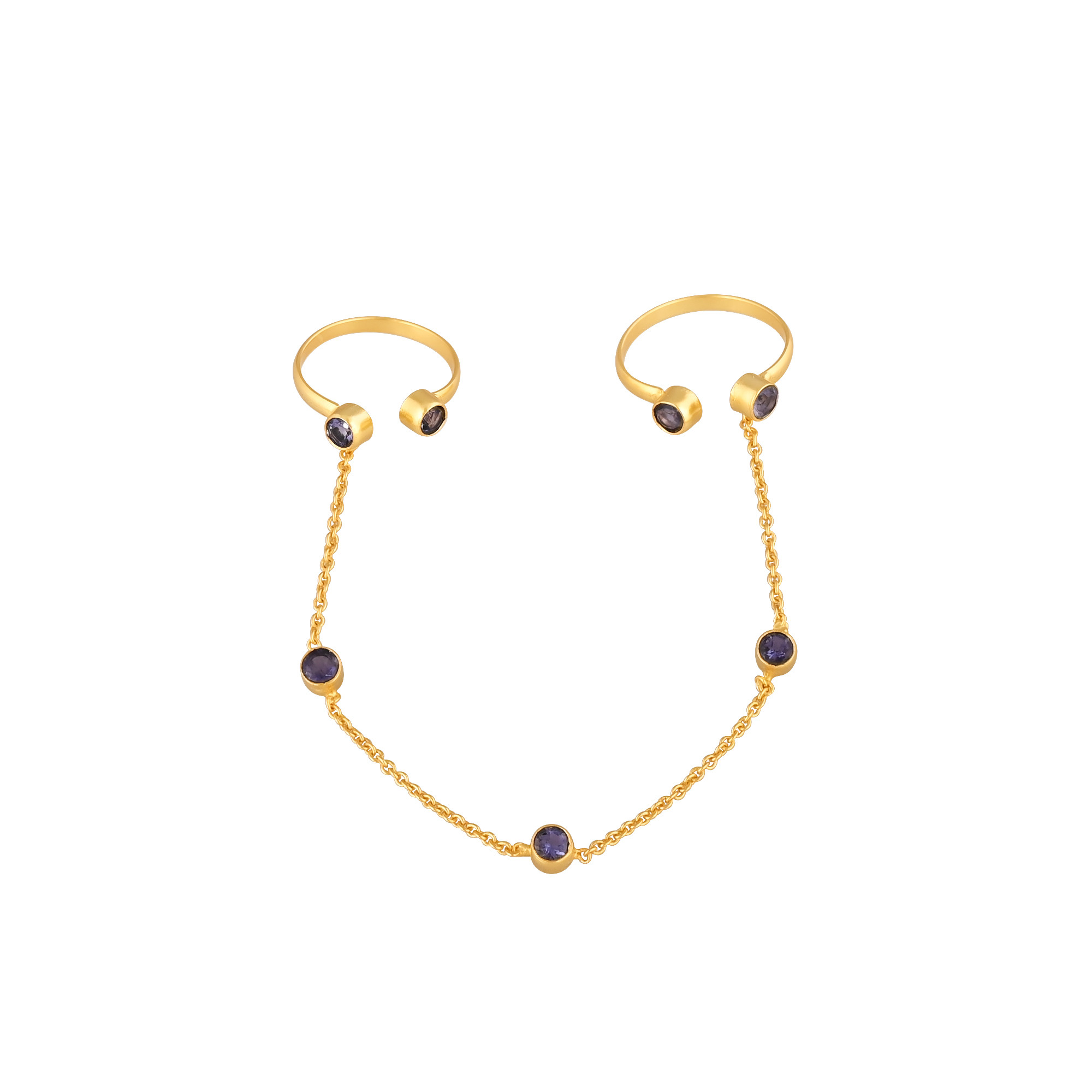 Natural Iolite Gemstone 925 Sterling Silver Yellow Gold Plated Handmade Link Chain Adjustable Ring Women Jewelry