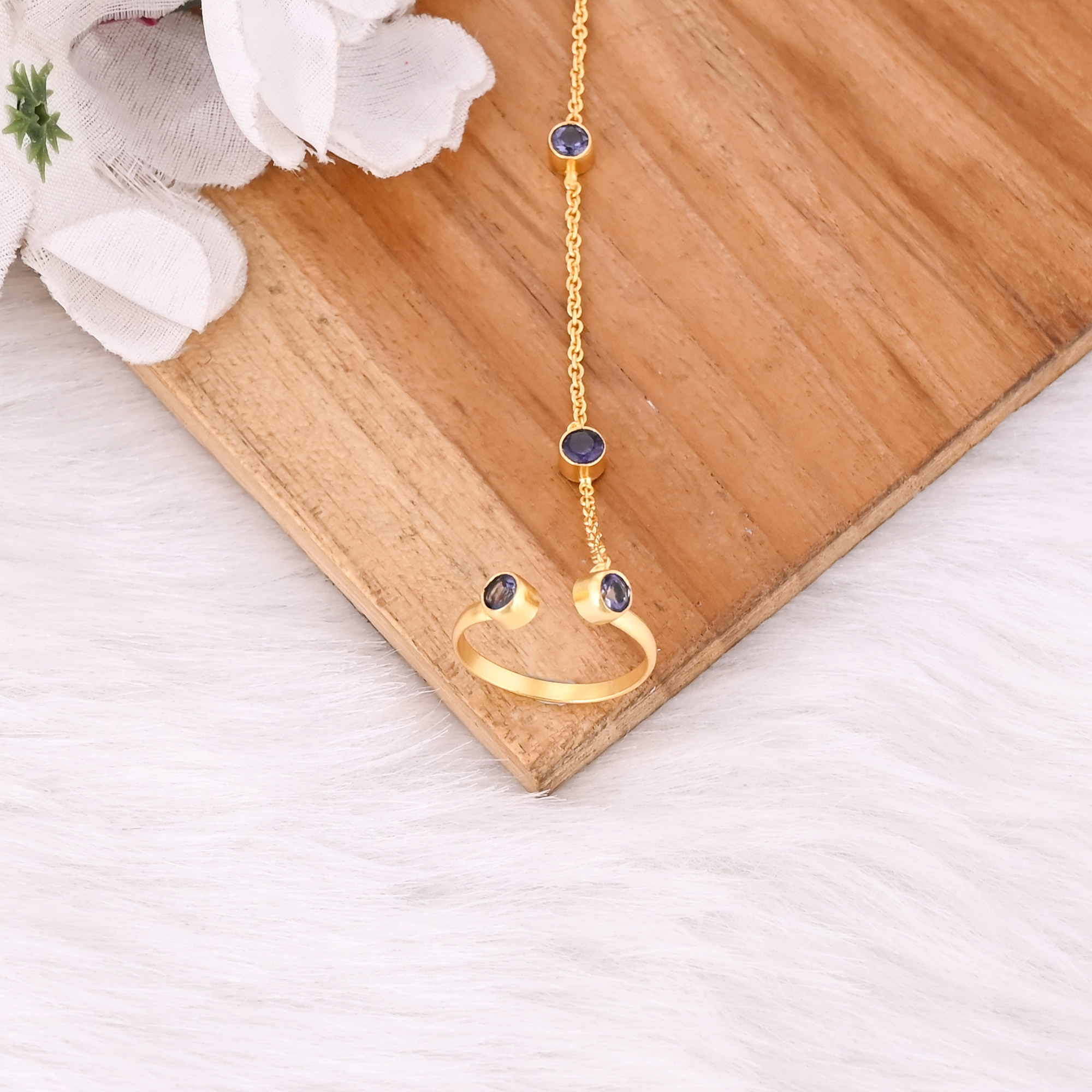 Natural Iolite Gemstone 925 Sterling Silver Yellow Gold Plated Handmade Link Chain Adjustable Ring Women Jewelry