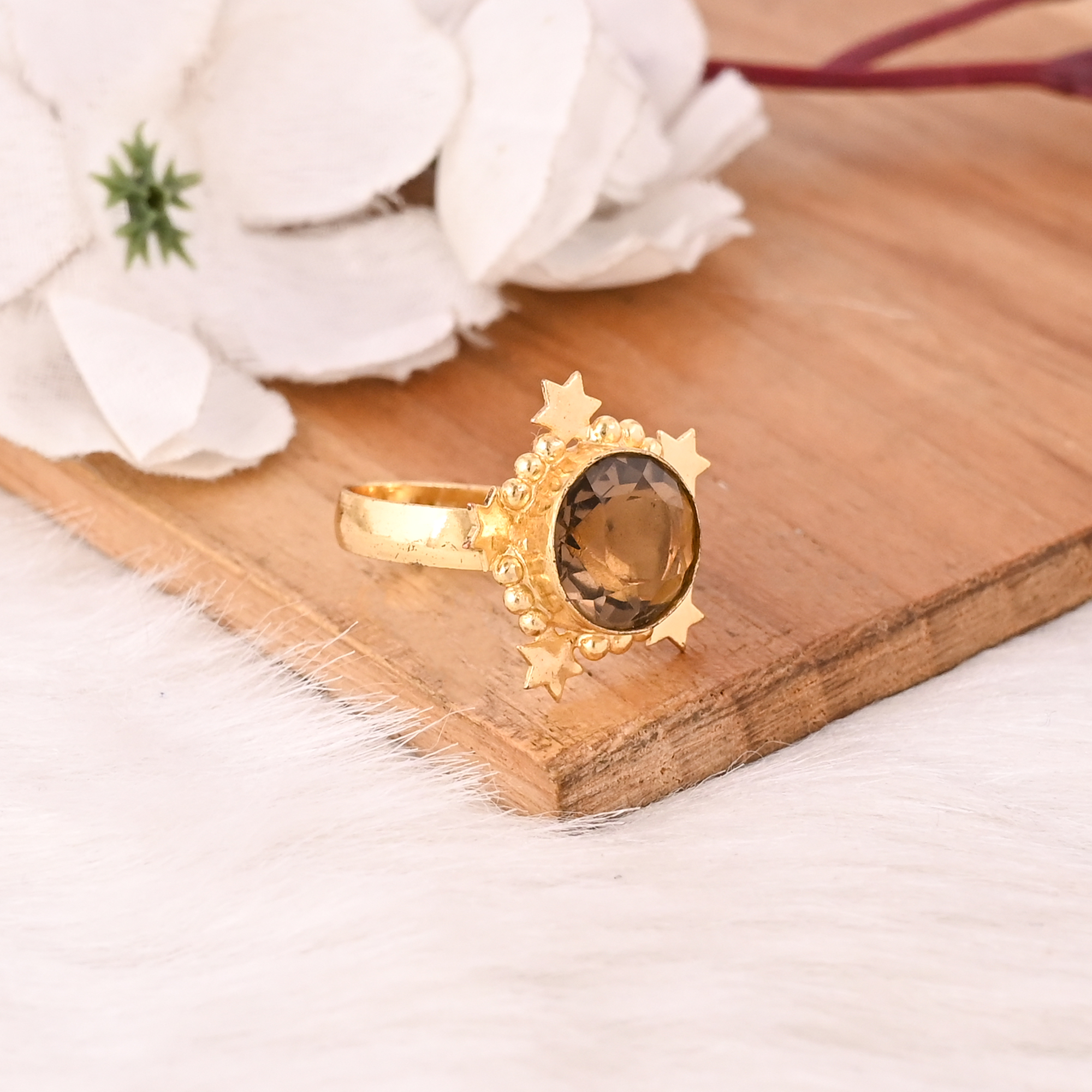 Designer Smoky Hydro Fashion Ring Handmade Brass Gold Plated Gemstone Adjustable Stylish Jewelry for Women