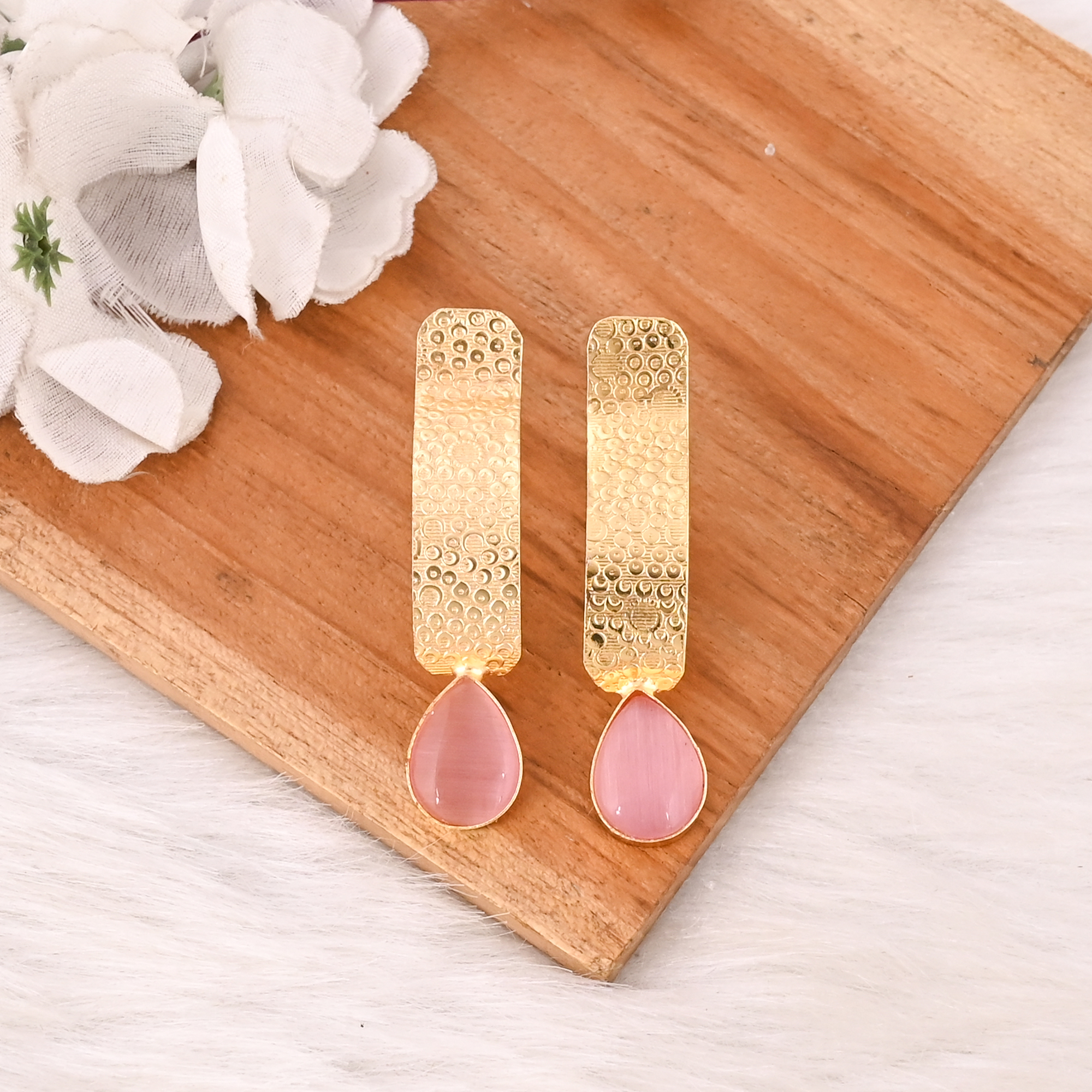 Elegant Pink Cats Eye Gemstone Bezel Set Earrings Gold Plated Brass Fashion Jewelry for Women