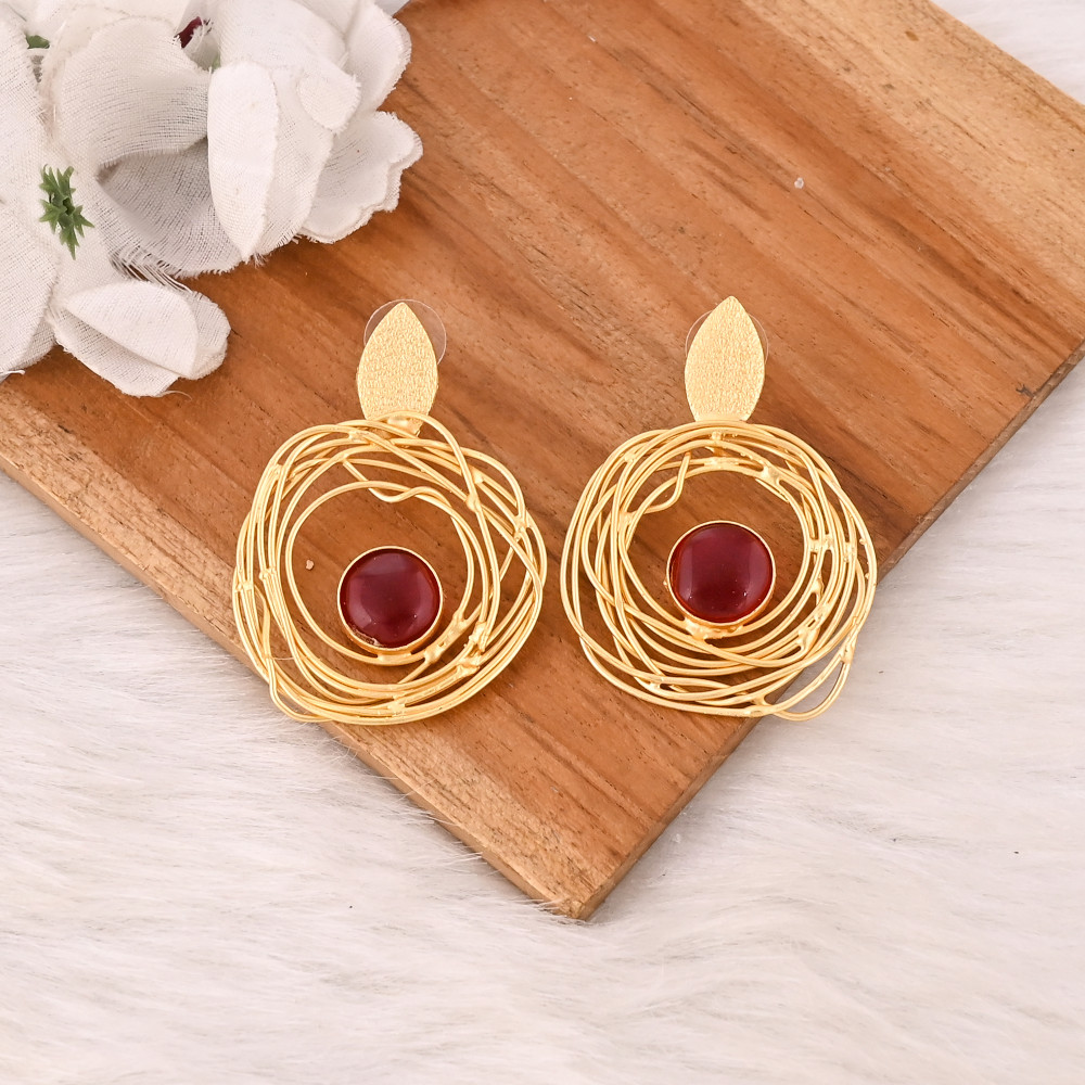 Image of Stylish Garnet Hydro Stone Drop Earrings Gold Plated Handmade Brass Jewelry for Women