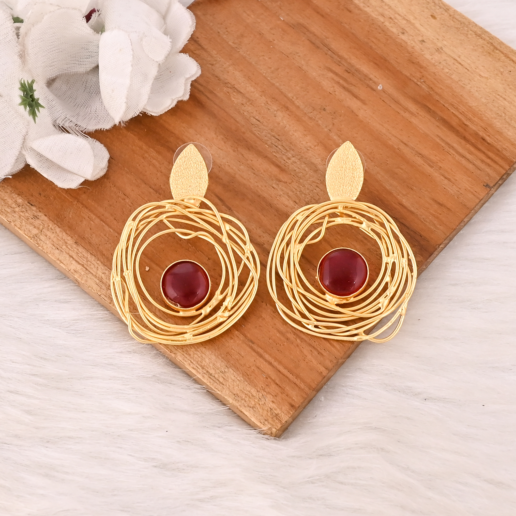 Stylish Garnet Hydro Stone Drop Earrings Gold Plated Handmade Brass Jewelry for Women