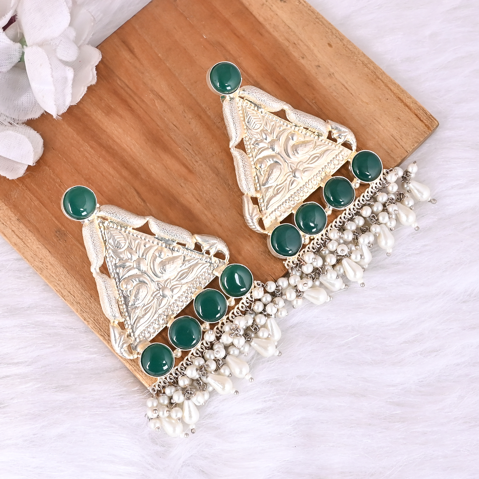Green Hydro Pearl Stone  Jhumka Ethnic Earrings  Silver Plated Brass Traditional Indian Jewelry