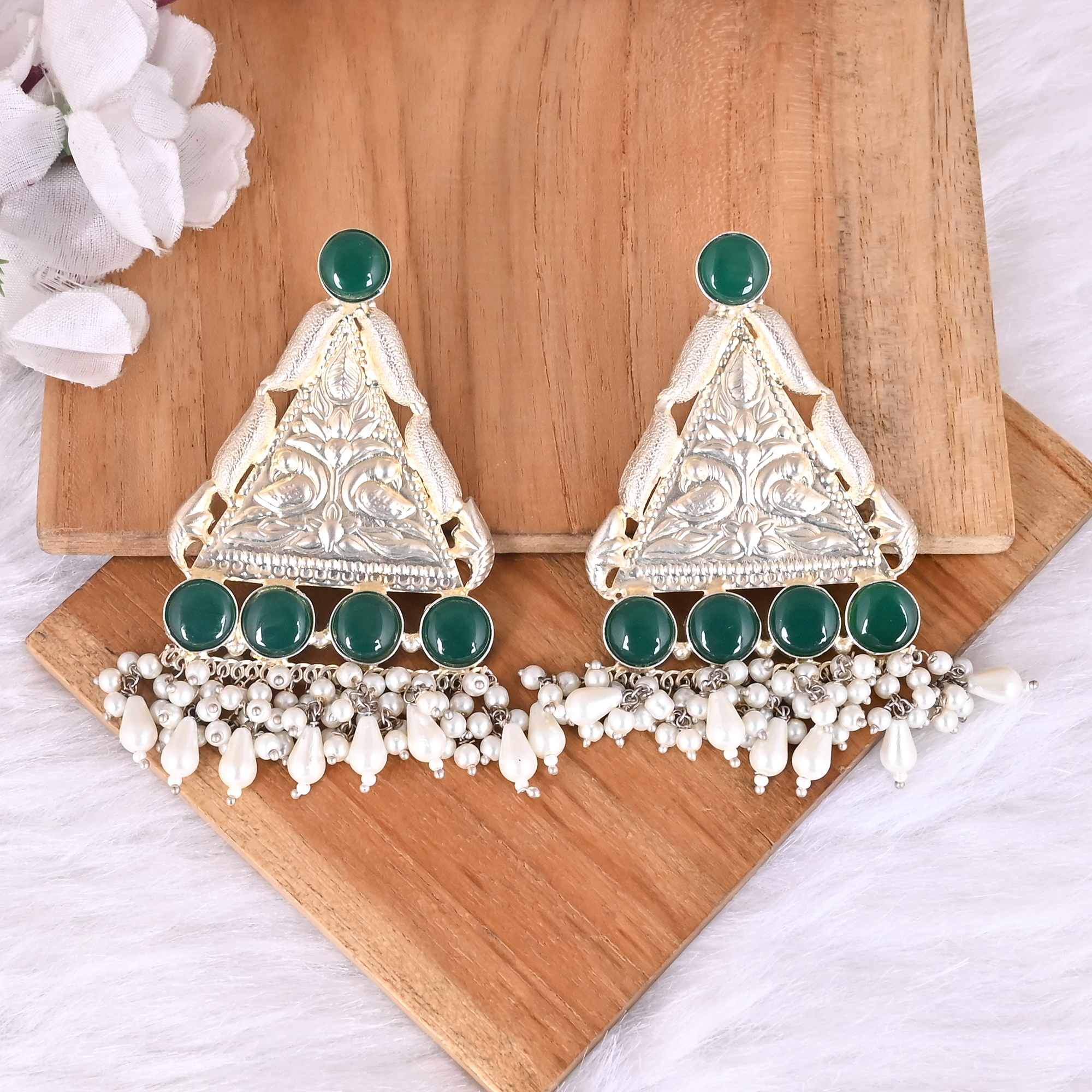 Green Hydro Pearl Stone  Jhumka Ethnic Earrings  Silver Plated Brass Traditional Indian Jewelry