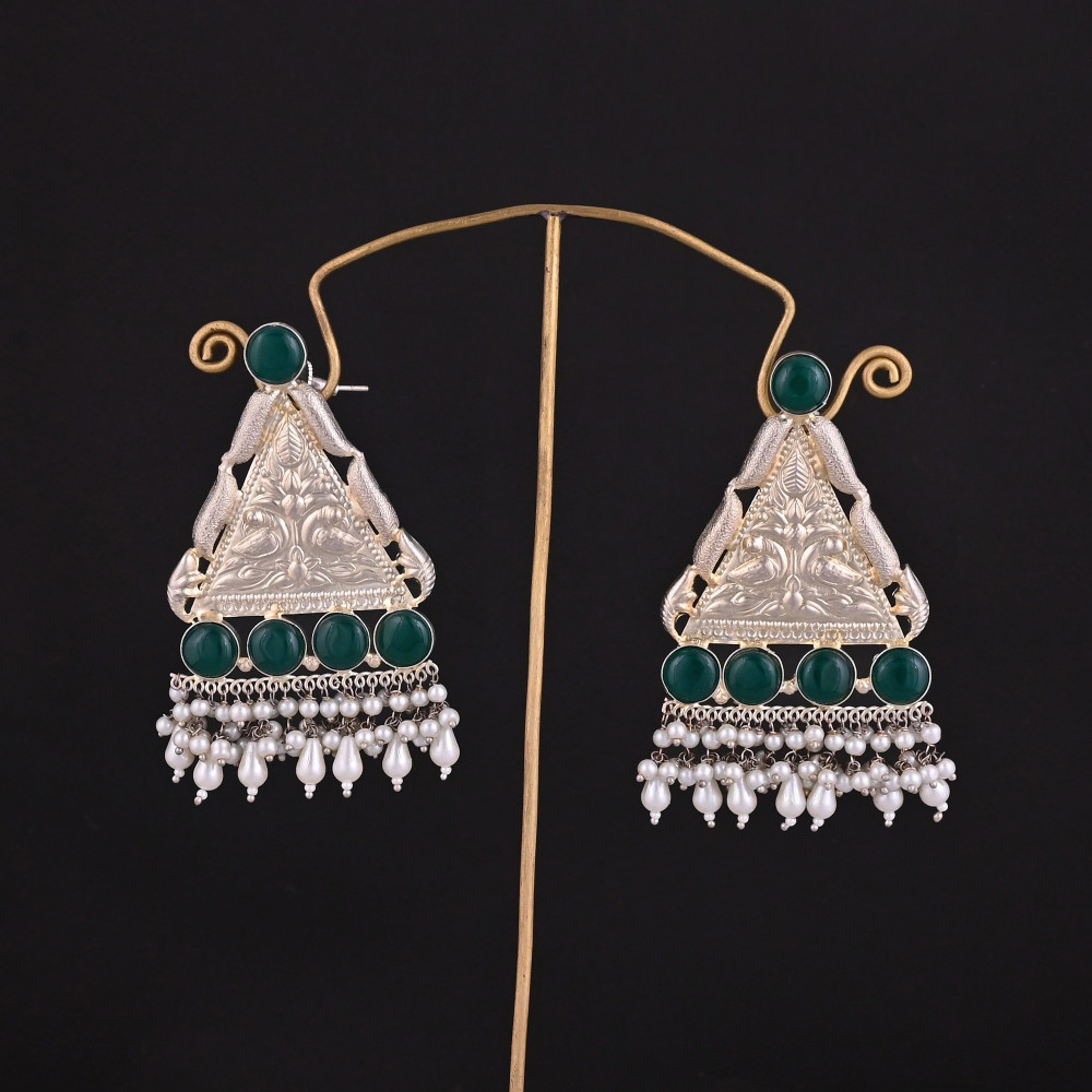 Image of Green Hydro, Pearl Stone  Jhumka Ethnic Earrings | Silver Plated Brass Traditional Indian Jewelry