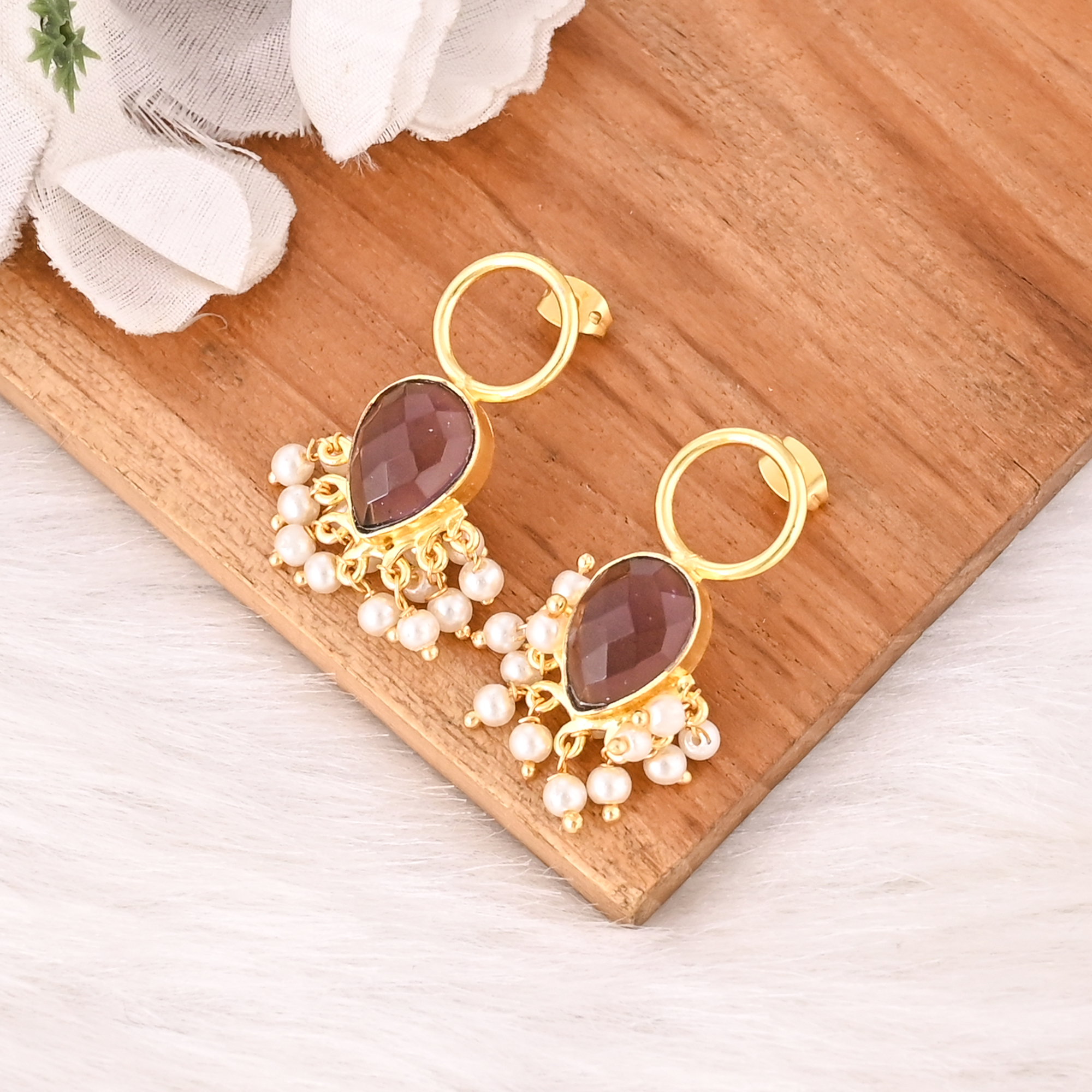 Elegant Pink Amethyst Hydro  Pearl Drop Earrings Handmade Brass Gold Plated Gemstone Jewelry for Women