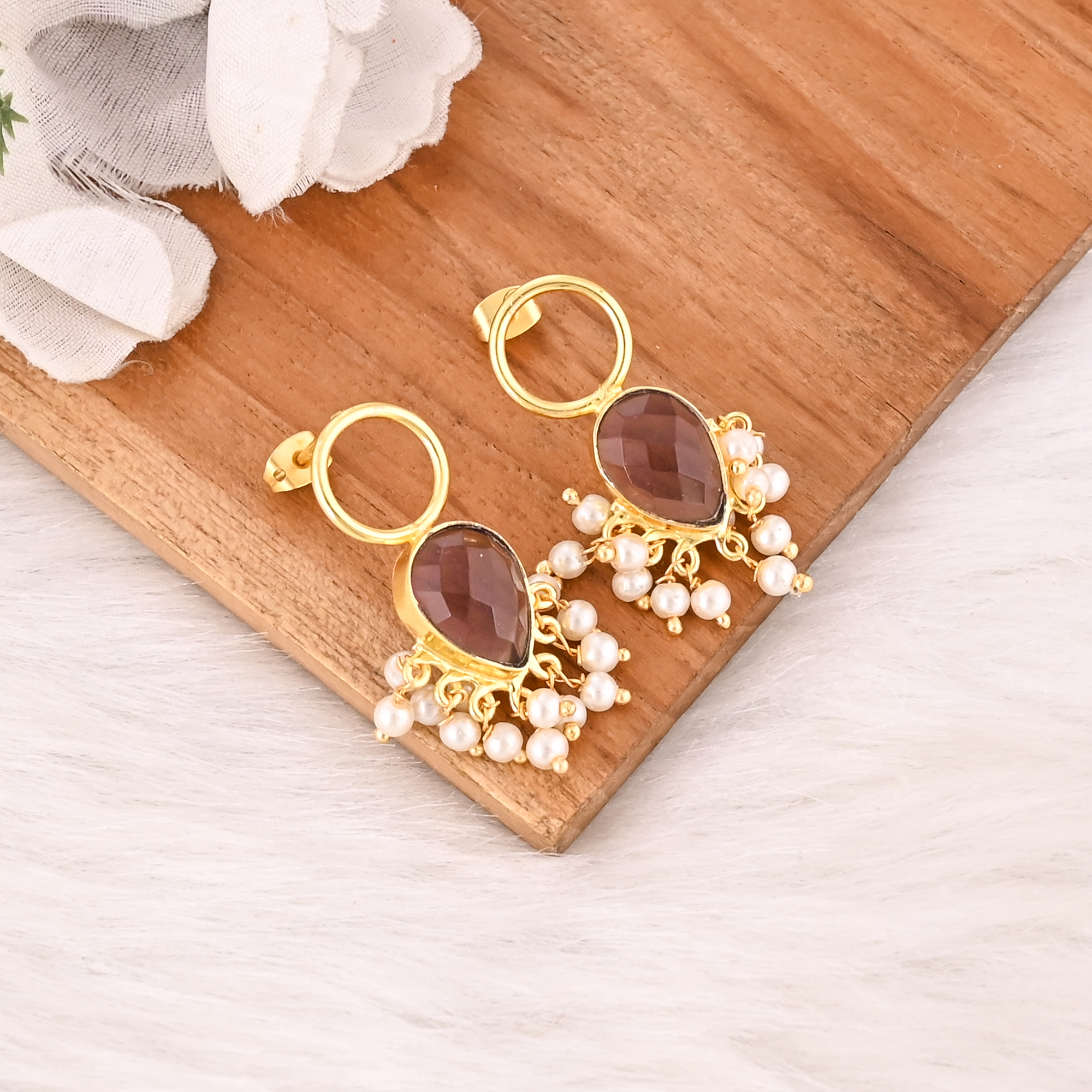 Elegant Pink Amethyst Hydro  Pearl Drop Earrings Handmade Brass Gold Plated Gemstone Jewelry for Women