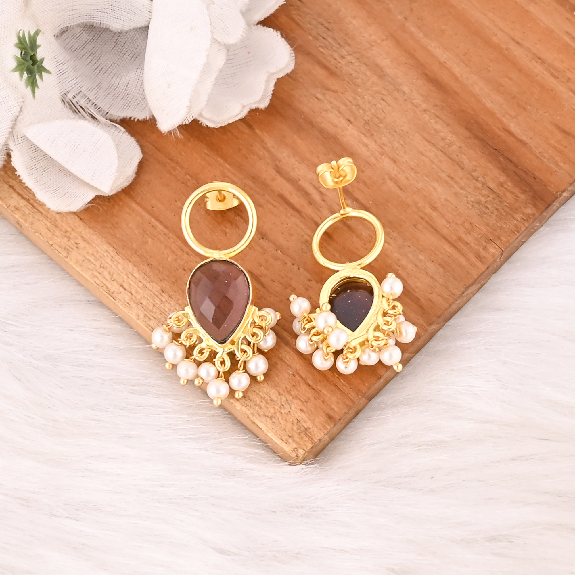 Elegant Pink Amethyst Hydro  Pearl Drop Earrings Handmade Brass Gold Plated Gemstone Jewelry for Women