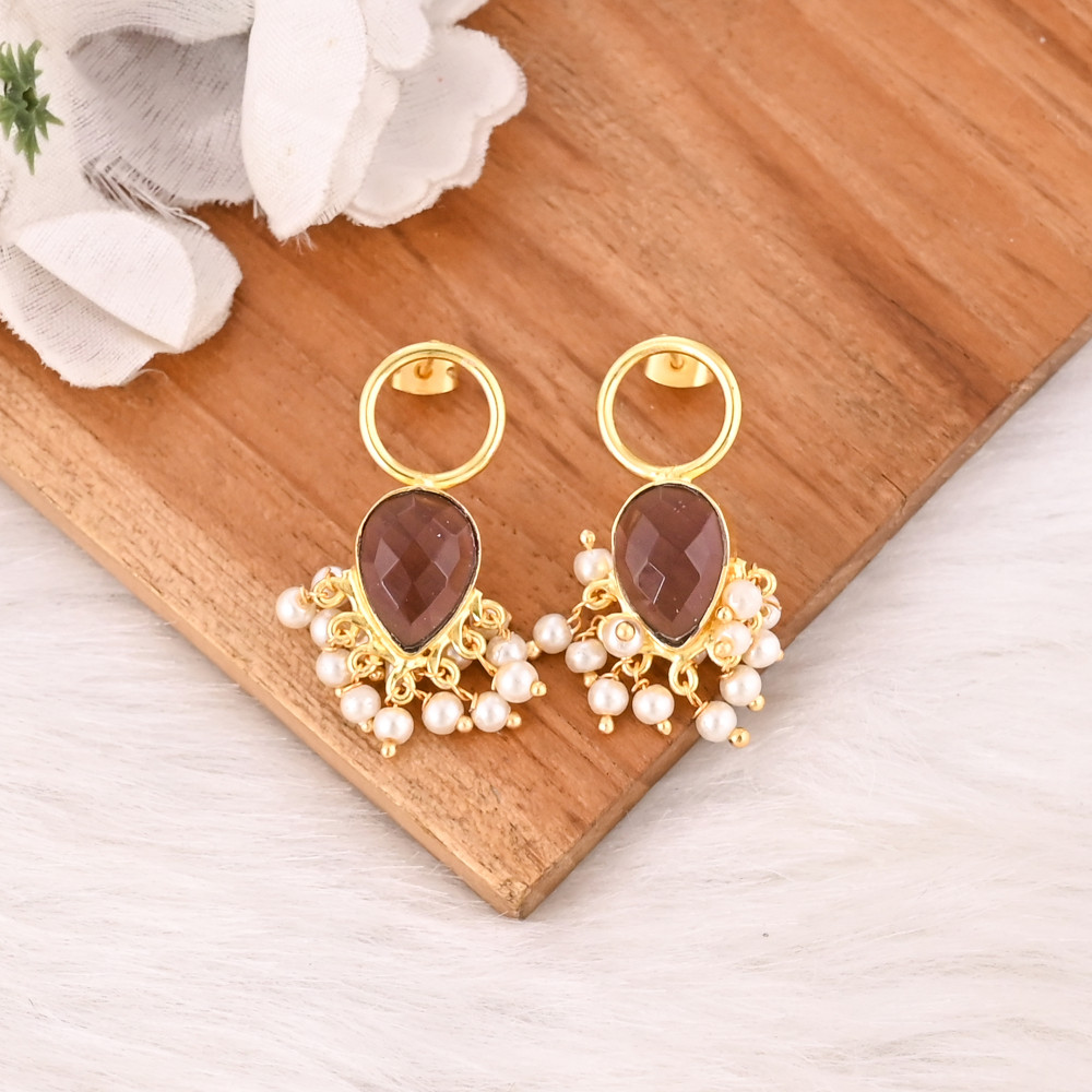Image of Elegant Pink Amethyst Hydro &amp; Pearl Drop Earrings Handmade Brass Gold Plated Gemstone Jewelry for Women