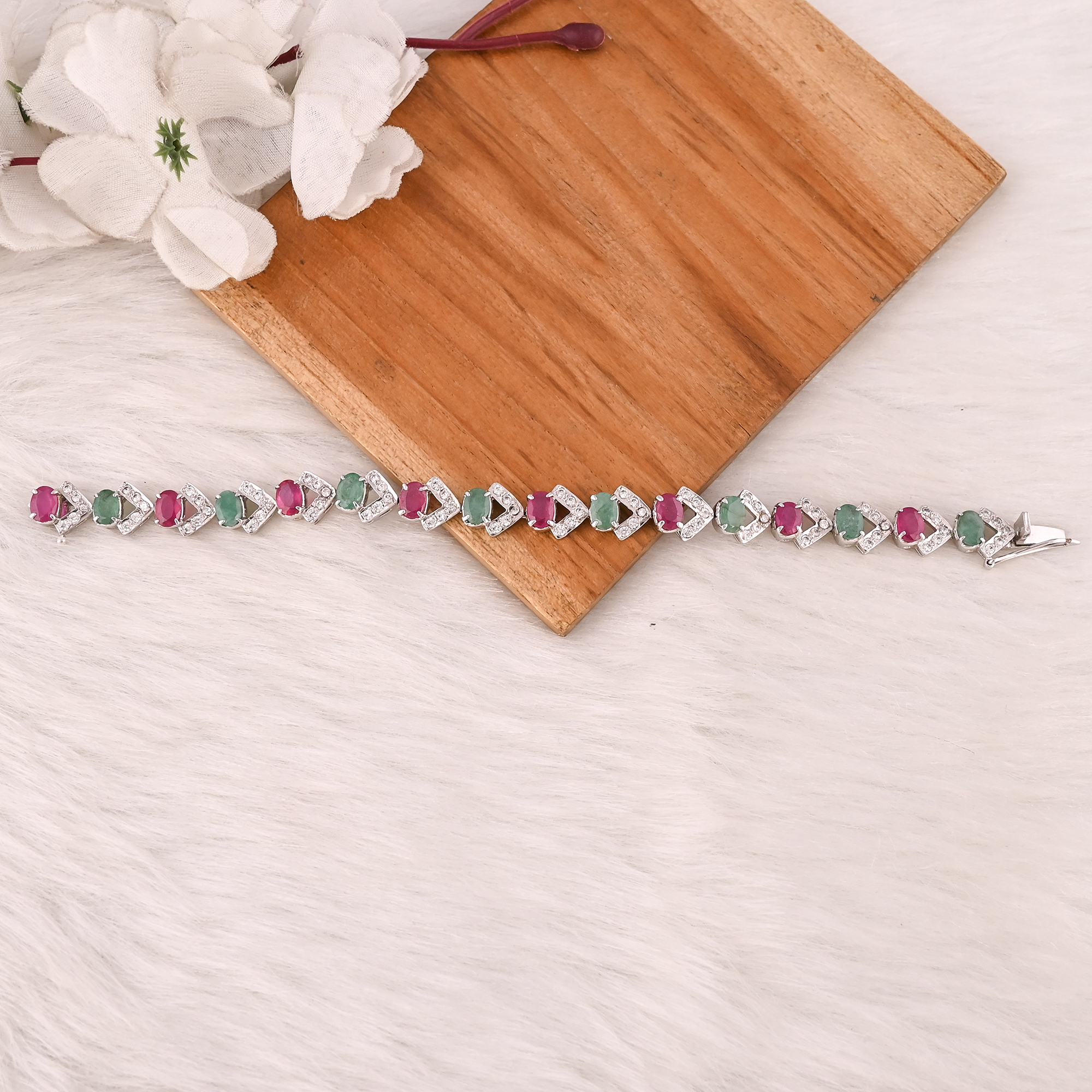 Premium 925 Sterling Silver Glass Filled Ruby Emerald and CZ Tennis Bracelet Luxury Gemstone Jewelry for Unisex