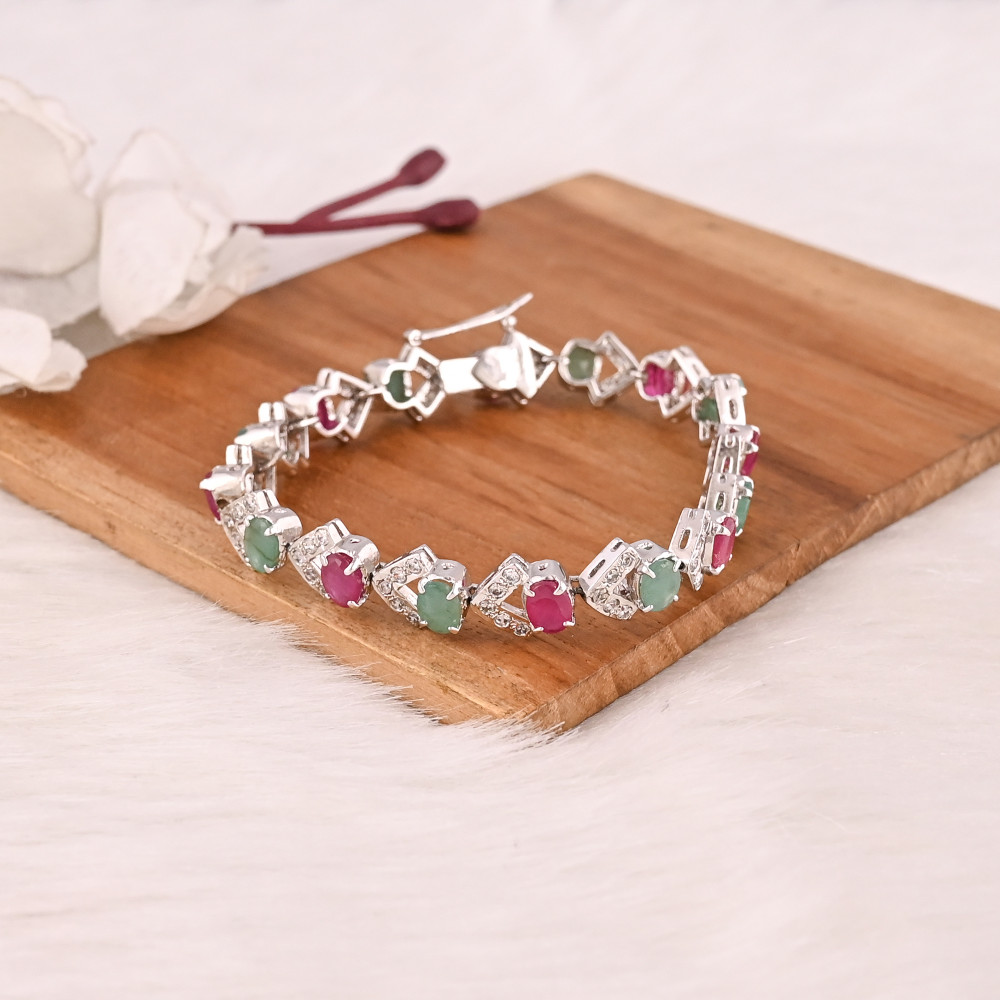 Image of Premium 925 Sterling Silver Glass Filled Ruby, Emerald and CZ Tennis Bracelet Luxury Gemstone Jewelry for Unisex
