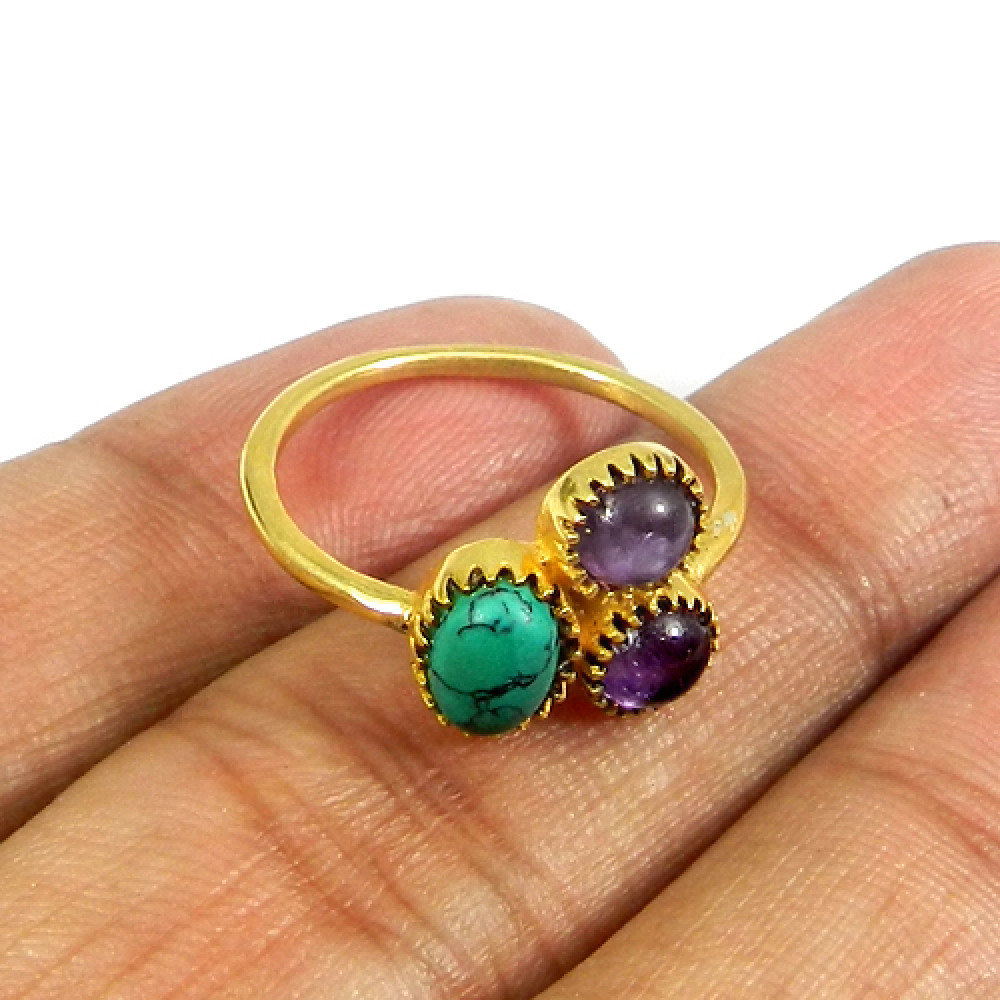 Image of 925 Sterling Silver Multi Gemstone Gold Plated Bezel Set Ring