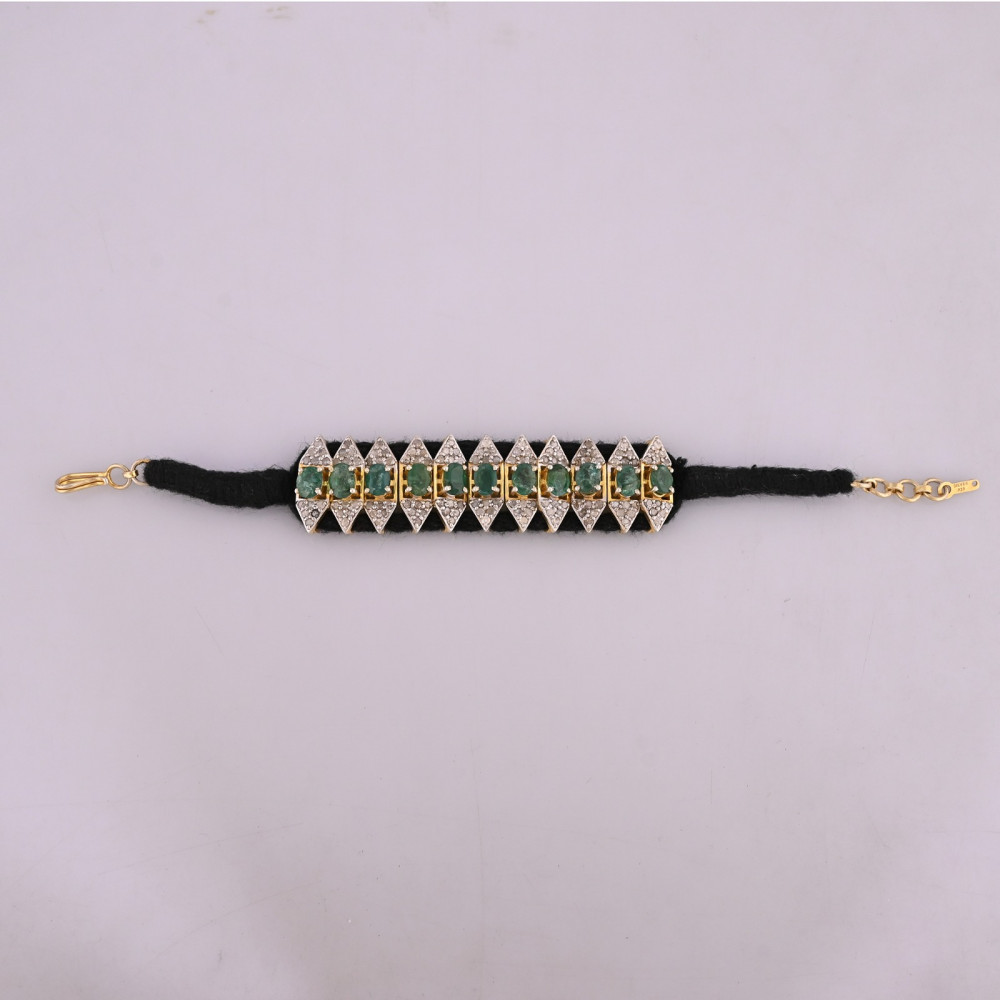 Image of Premium Designer Handmade 925 Sterling Silver Threaded Bracelet With Natural Emerald and Diamond Jewelry for Women