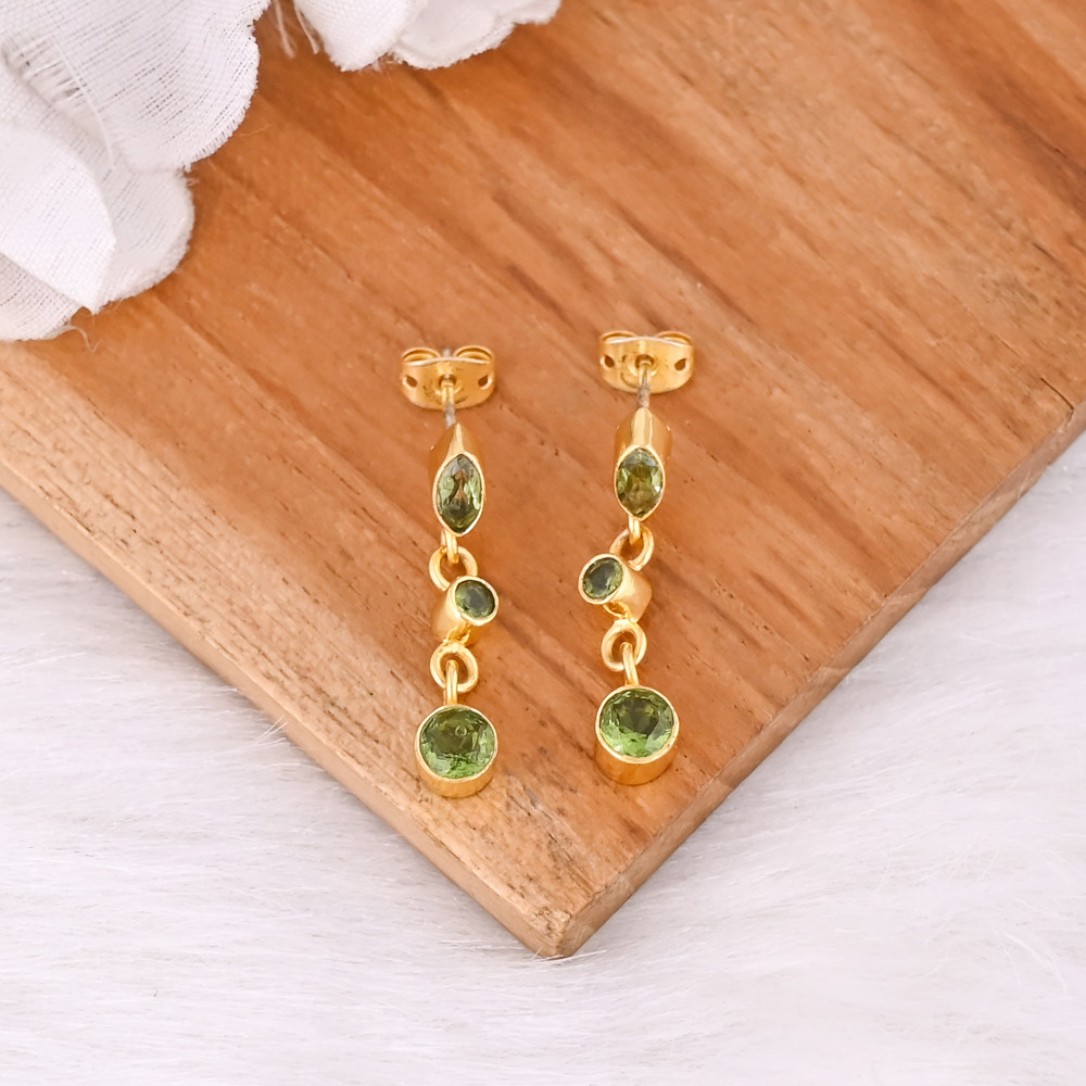 Image of Natural Peridot Three Stone Earrings Handmade Gemstone Jewelry for Women