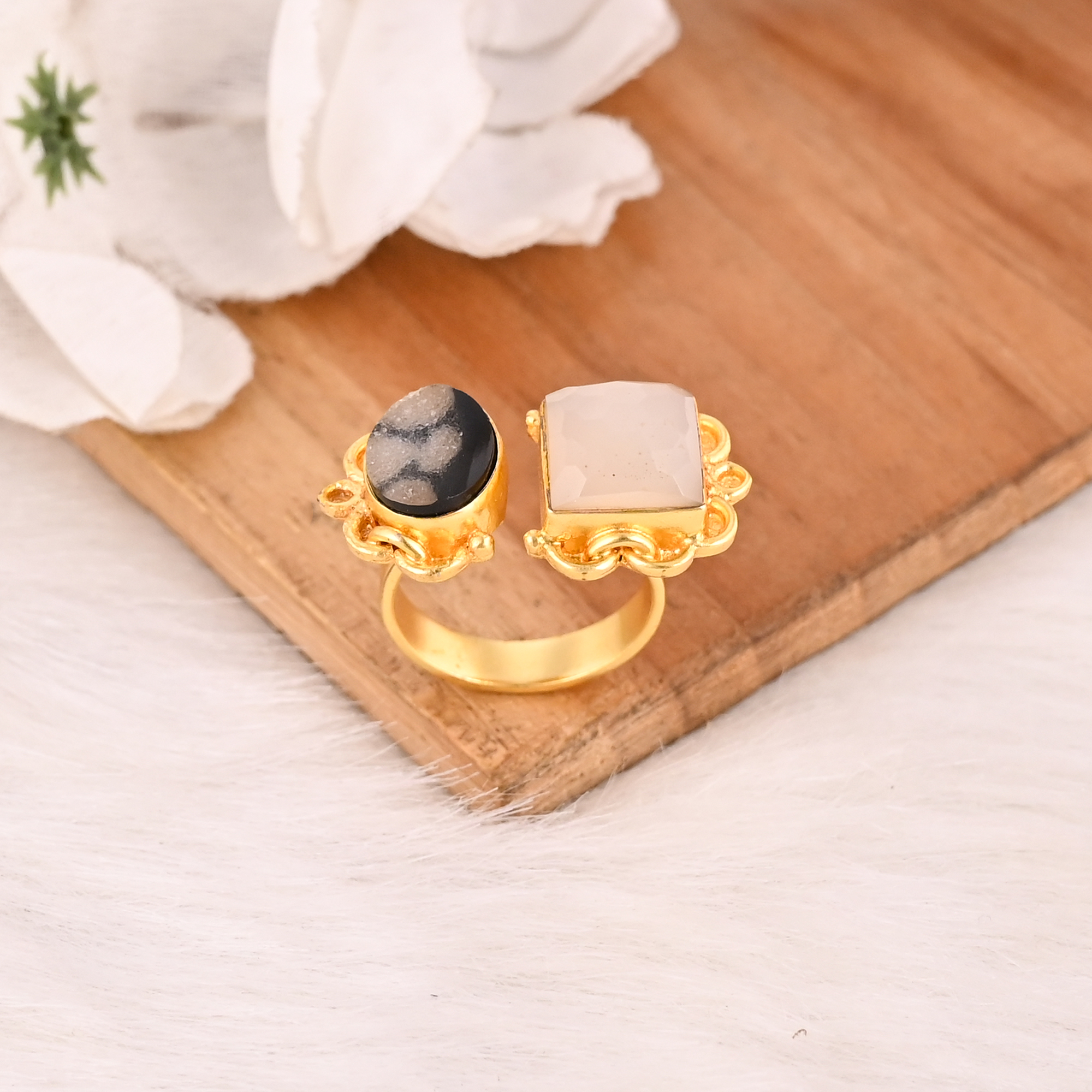 Natural White Moonstone  Mix Druzy Two Gemstone Gold Plated Brass Ring Handmade Trendy Jewelry for Women
