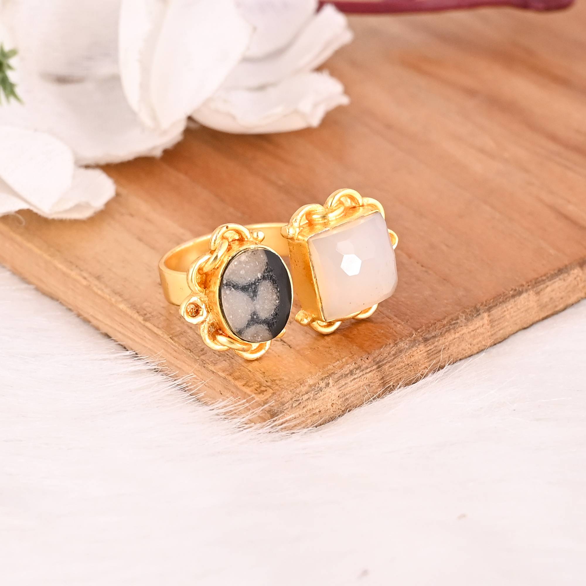 Natural White Moonstone  Mix Druzy Two Gemstone Gold Plated Brass Ring Handmade Trendy Jewelry for Women
