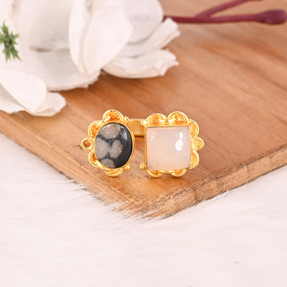 Image of Natural White Moonstone &amp; Mix Druzy Two Gemstone Gold Plated Brass Ring Handmade Trendy Jewelry for Women