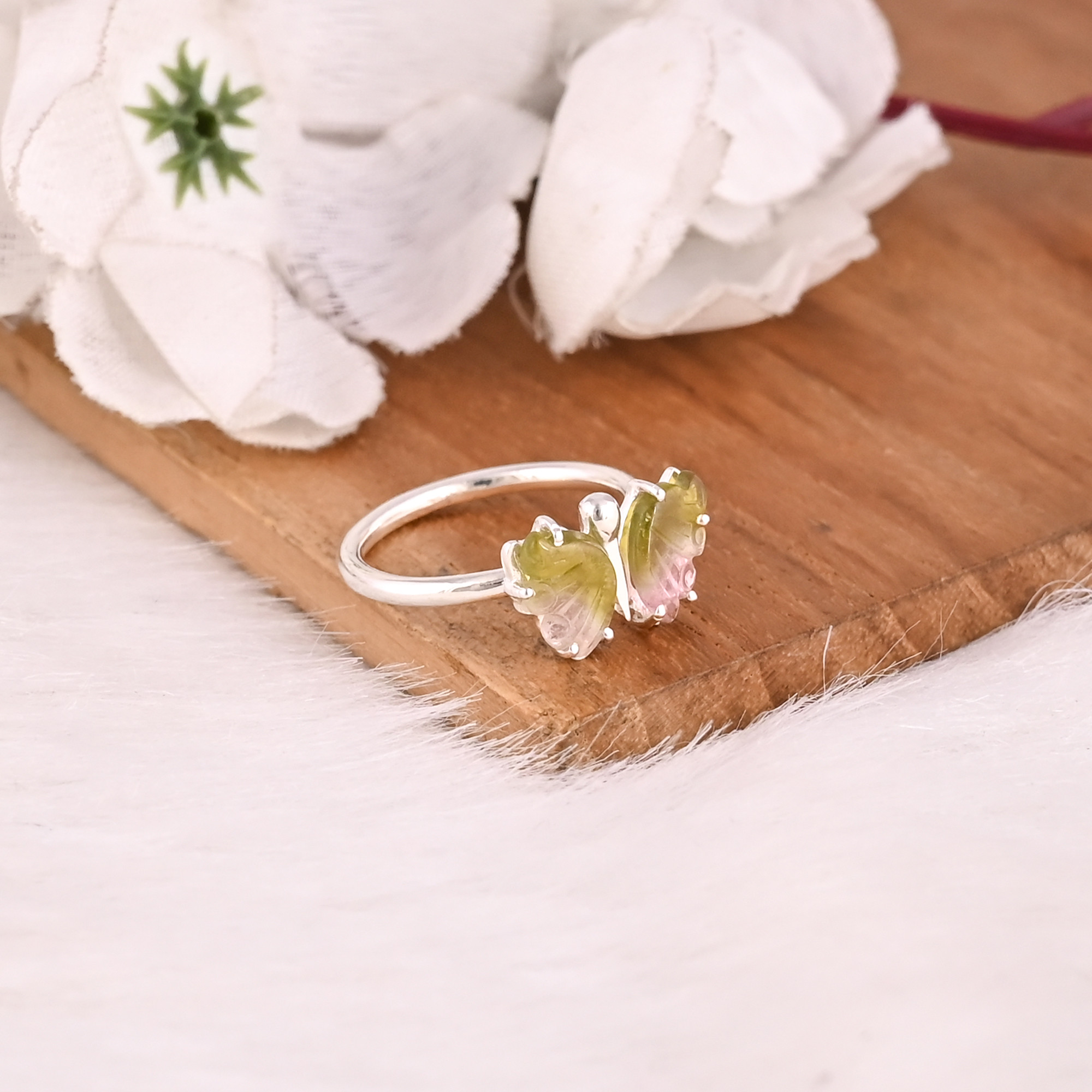925 Sterling Silver Natural Bio Color Tourmaline Carving Gemstone Handmade Designer Butterfly Ring Stackable Ring Prong Setting Ring