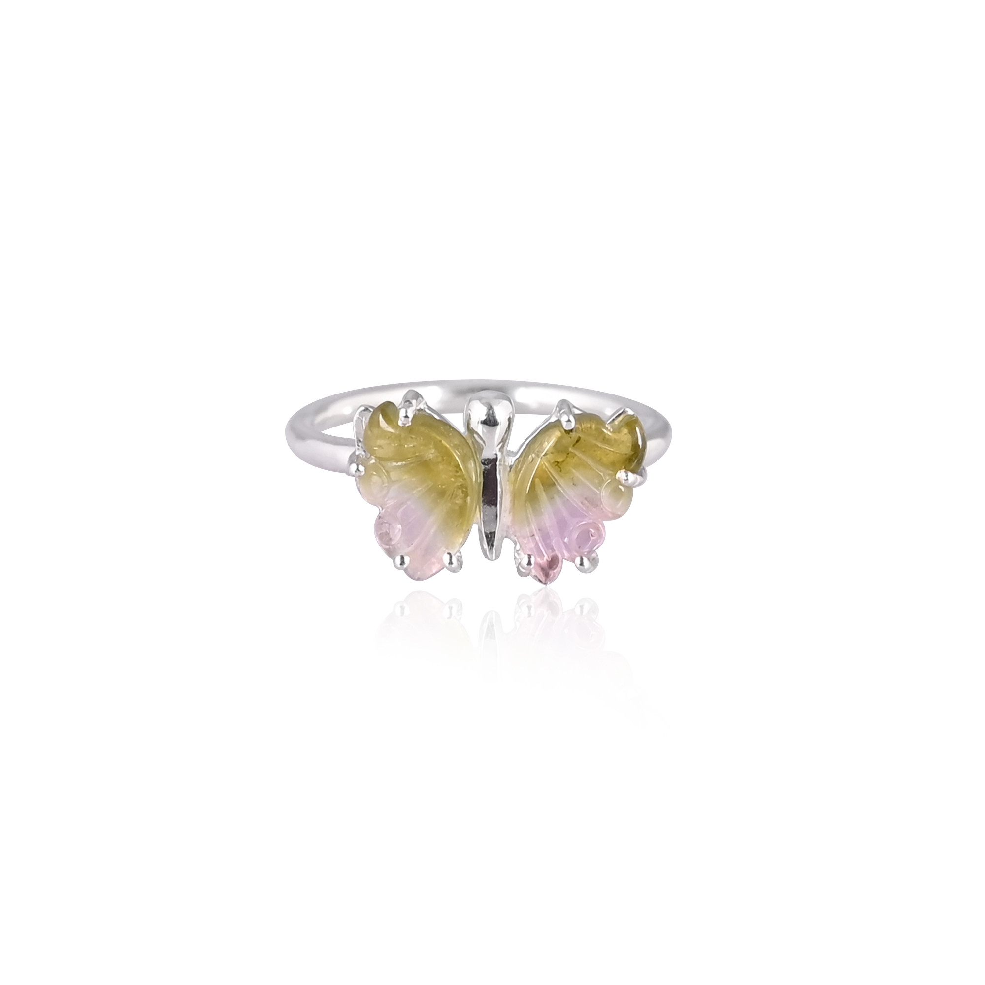 925 Sterling Silver Natural Bio Color Tourmaline Carving Gemstone Handmade Designer Butterfly Ring Stackable Ring Prong Setting Ring