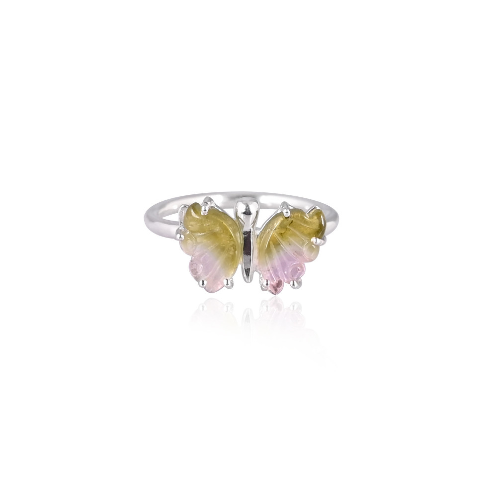 Image of 925 Sterling Silver Natural Bio Color Tourmaline Carving Gemstone Handmade Designer Butterfly Ring Stackable Ring Prong Setting Ring