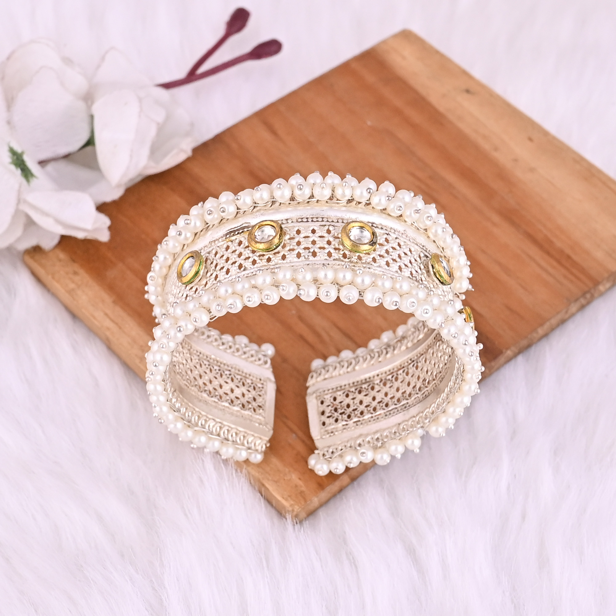 Kundan Pearl Stone Stylish Ethnic Cuff Bracelet  German Silver Jewelry