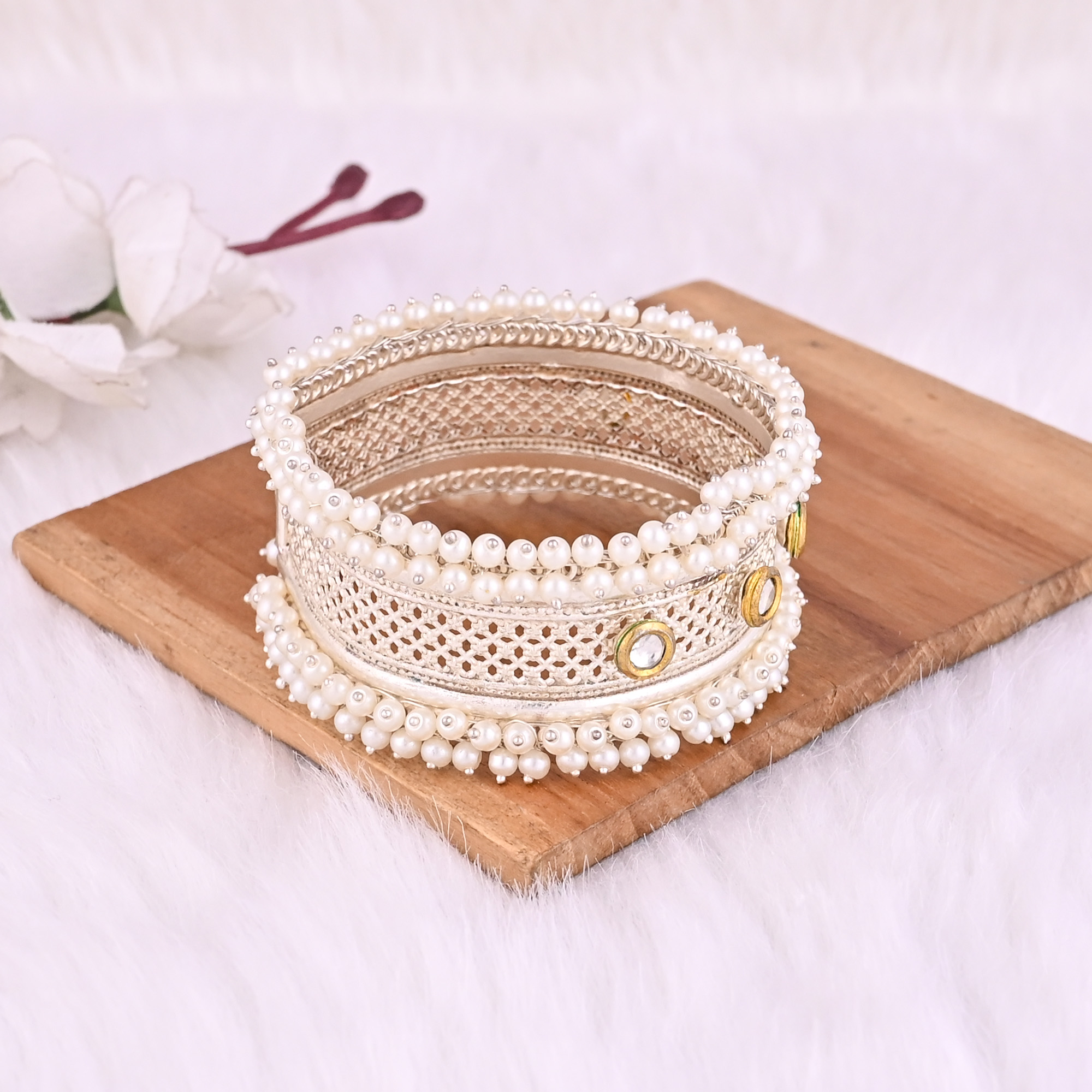 Kundan Pearl Stone Stylish Ethnic Cuff Bracelet  German Silver Jewelry