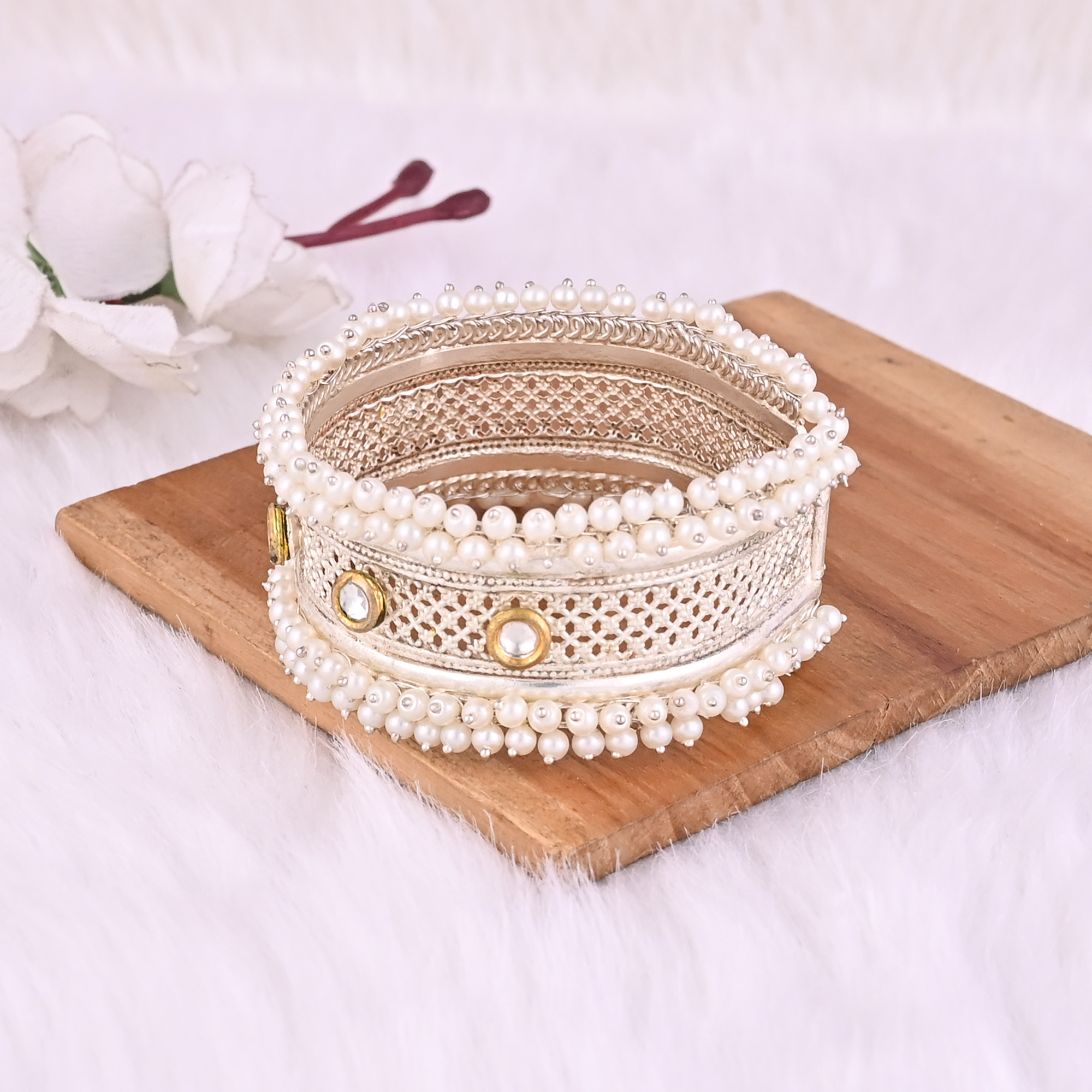 Kundan Pearl Stone Stylish Ethnic Cuff Bracelet  German Silver Jewelry