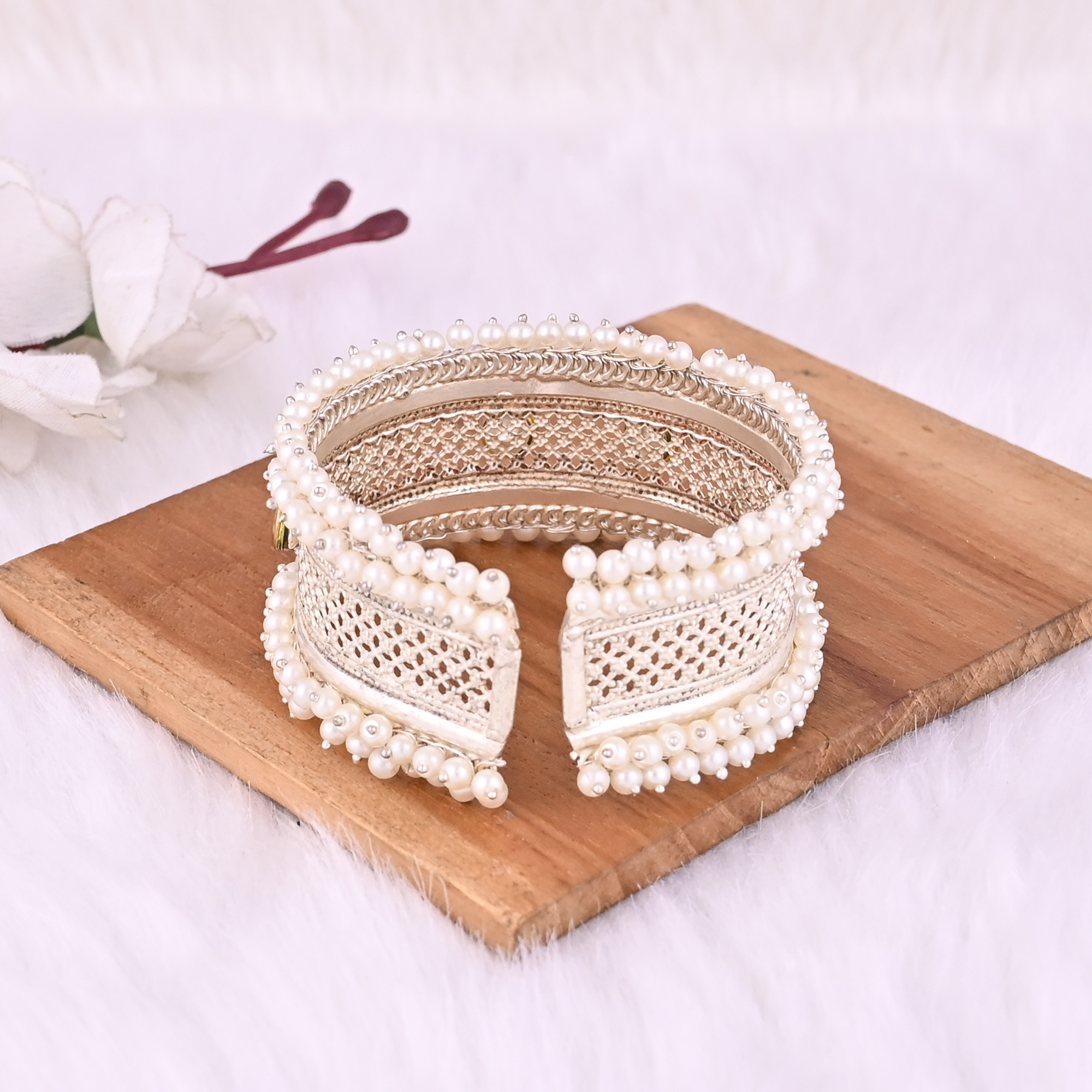 Kundan Pearl Stone Stylish Ethnic Cuff Bracelet German Silver Jewelry