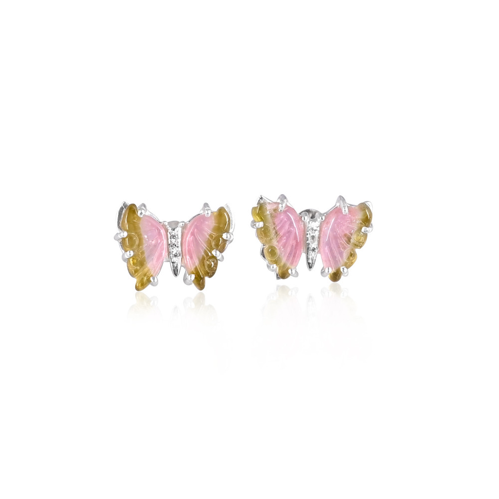 Image of Natural Bio Tourmaline Gemstone Butterfly Earring Women Earrings Carving Gemstone Earring Stud Earrings Unique Gift