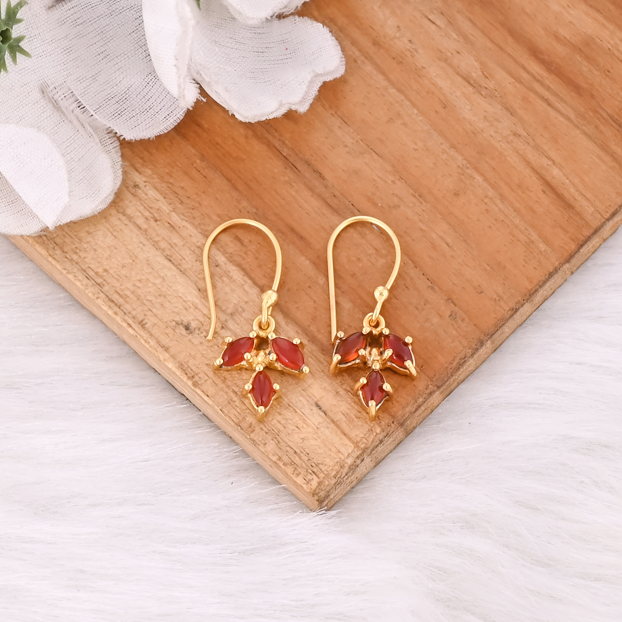 Minimalist Red Onyx Drop Earrings Handmade Brass Jewelry