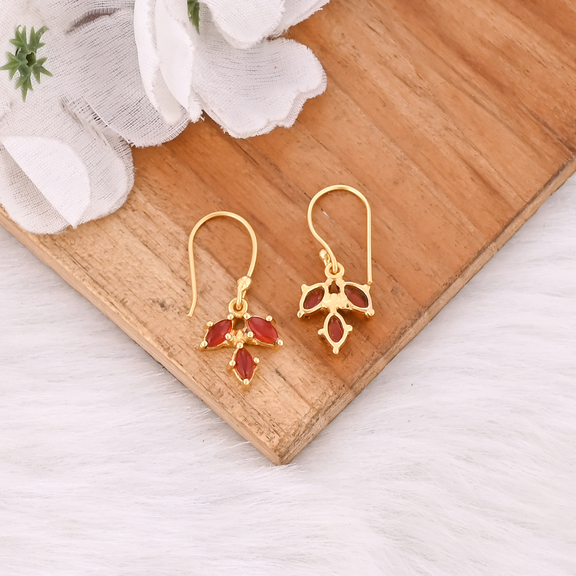 Minimalist Red Onyx Drop Earrings Handmade Brass Jewelry