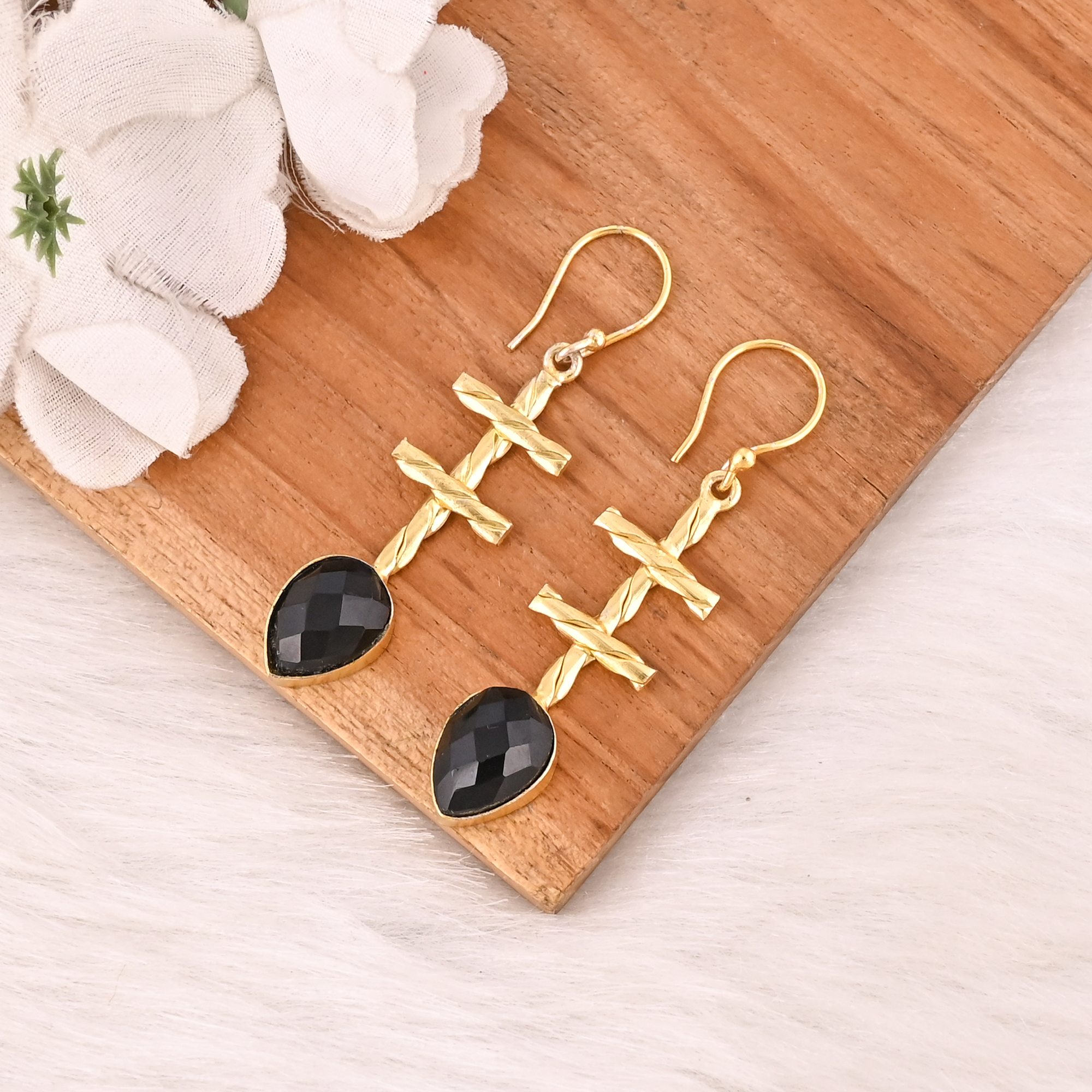 Natural Black Onyx Brass Dangle Earrings Handmade Fashion Jewelry for Women