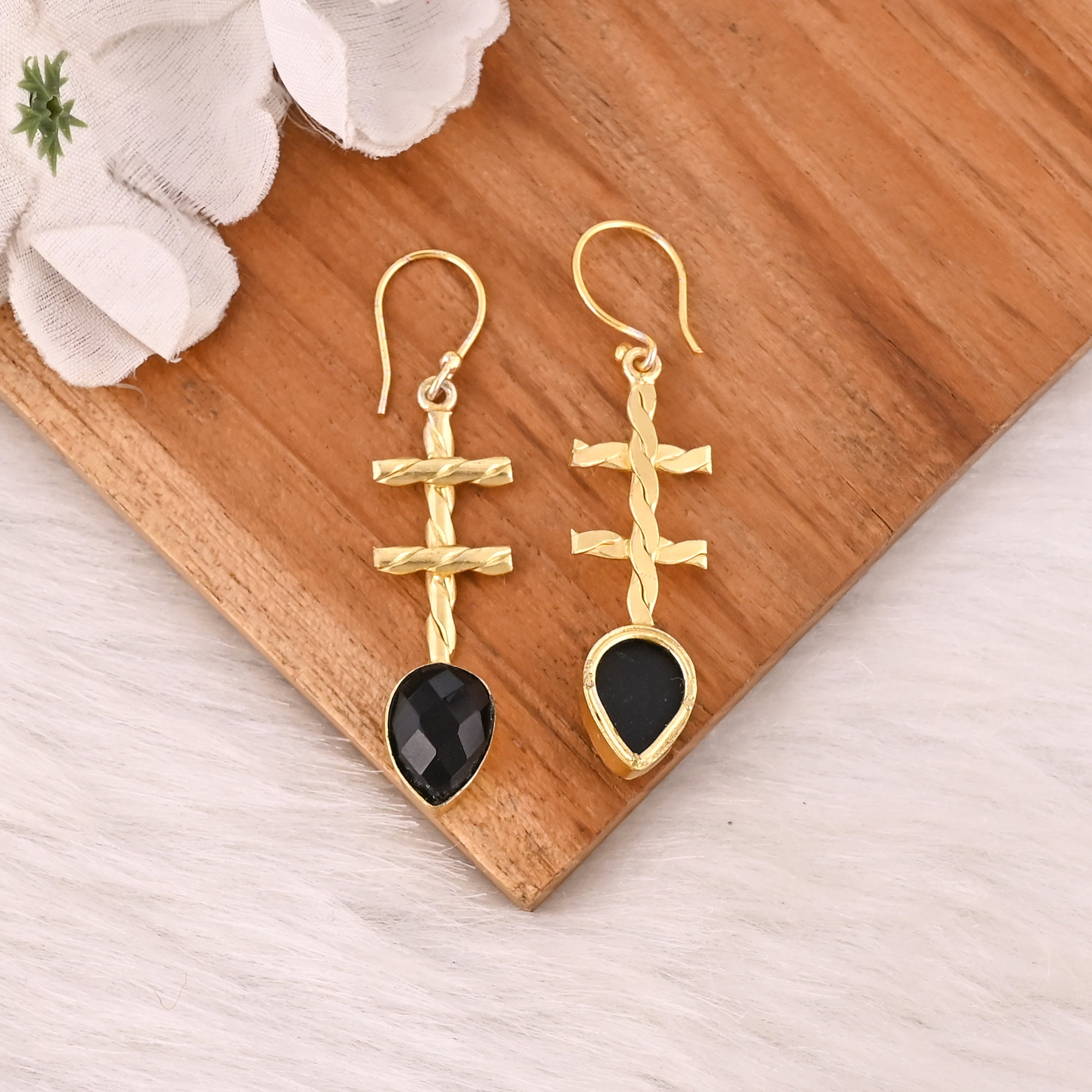 Natural Black Onyx Brass Dangle Earrings Handmade Fashion Jewelry for Women