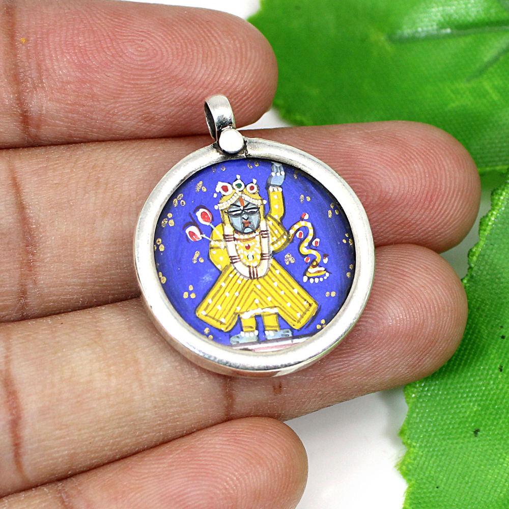 925 Sterling Silver Hindu Deity Shree Nath Ji Hand Painting Pendant