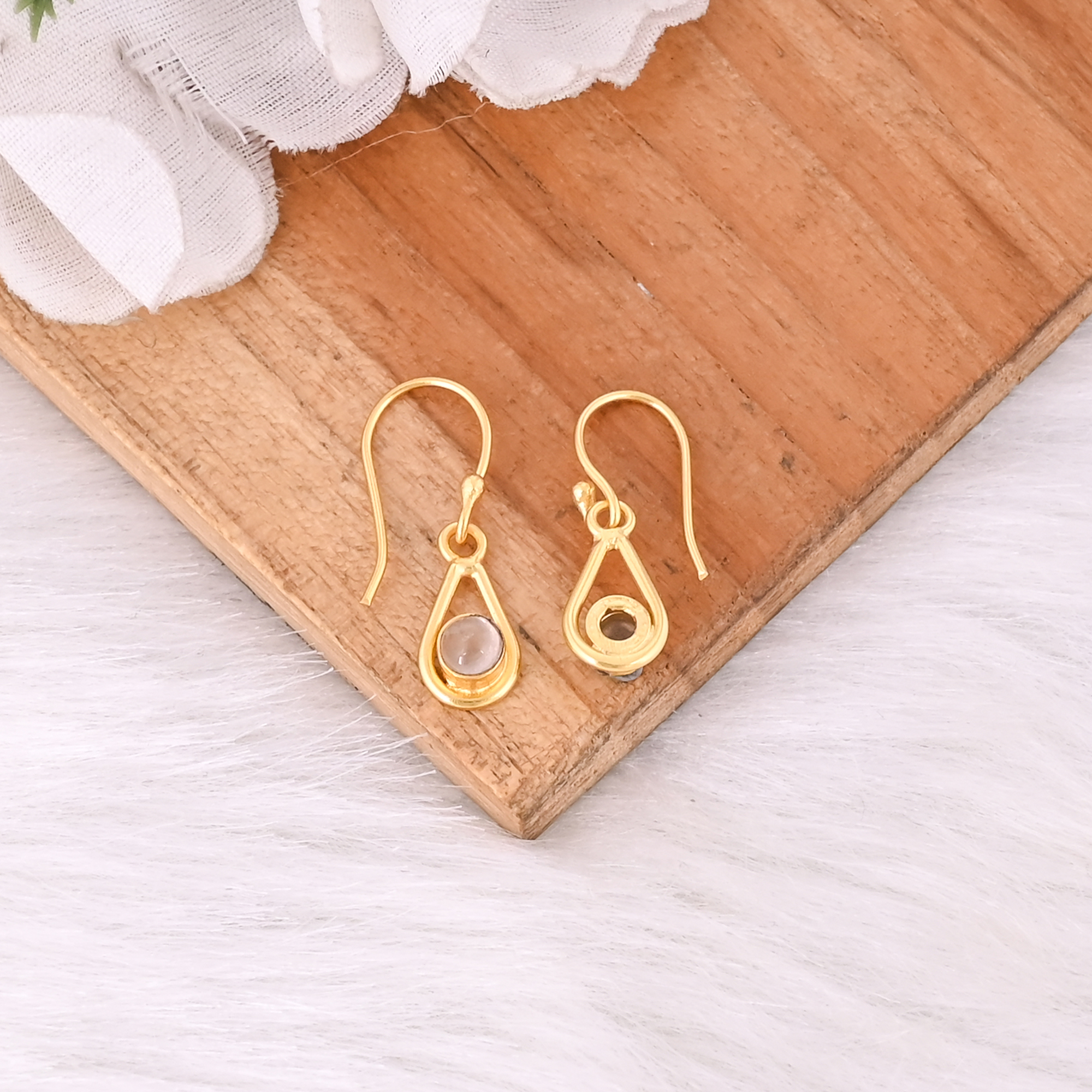 Natural Rose Quartz Gold Plated Teardrop Hook Earrings For Women