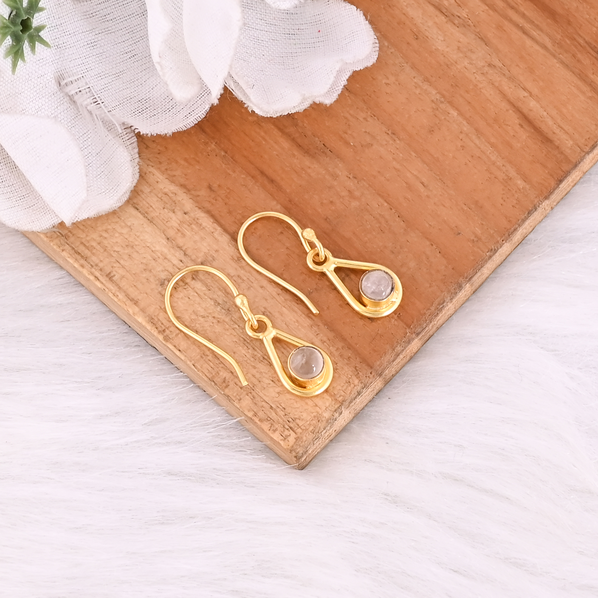 Natural Rose Quartz Gold Plated Teardrop Hook Earrings For Women